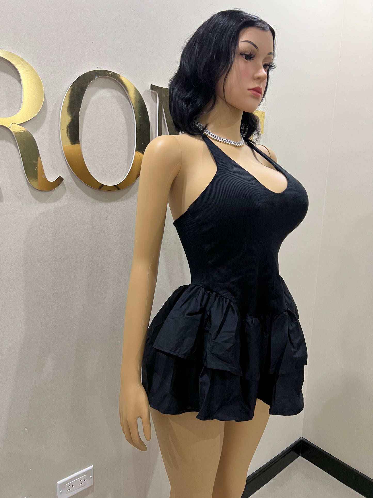 Dora Ruffle Super Mini Dress (Black)
