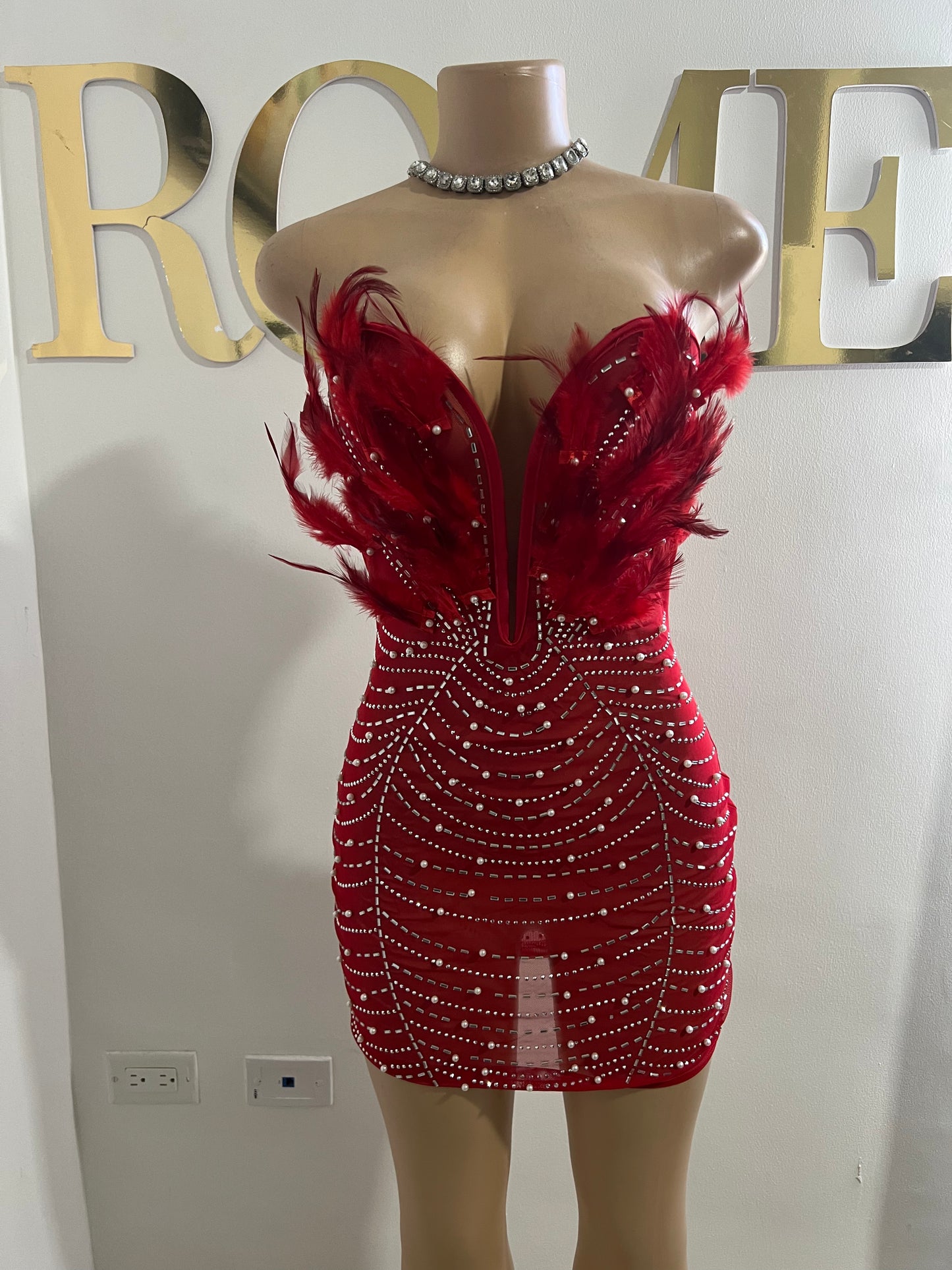 Elle Feather Crystal Dress (Darker Red)