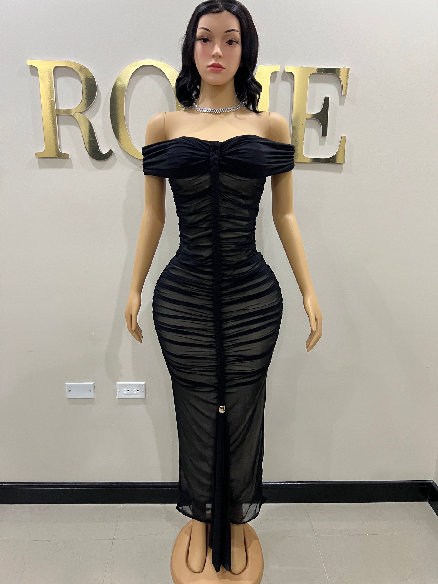 Sophie Off Shoulder Braided Dress (Black)