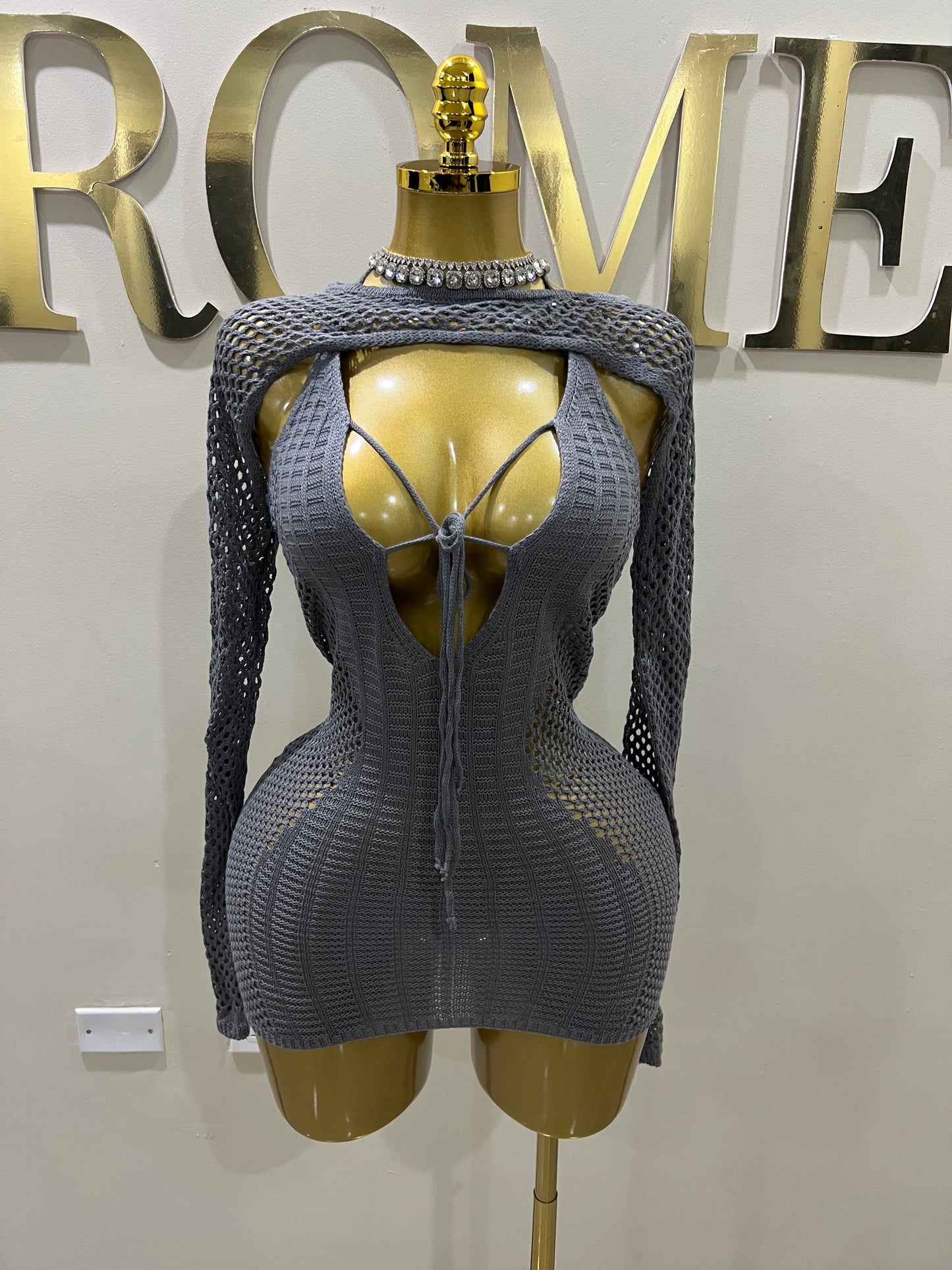 Alara Crochet 2pcs Mini Dress (Grey)