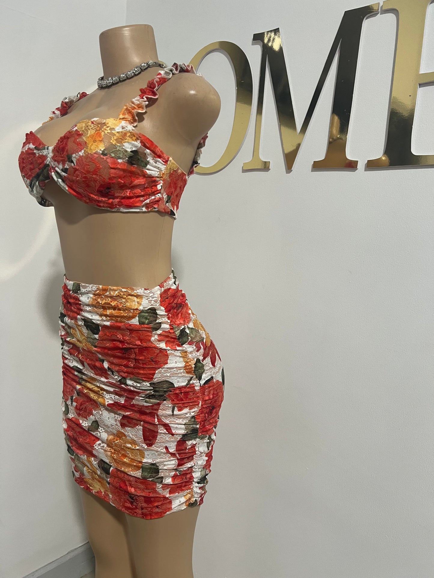 Summer Floral Short Skirt Set (Orange)