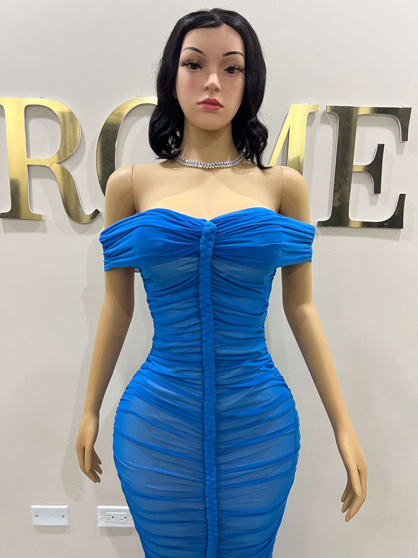 Sophie Off Shoulder Braided Dress (Blue)