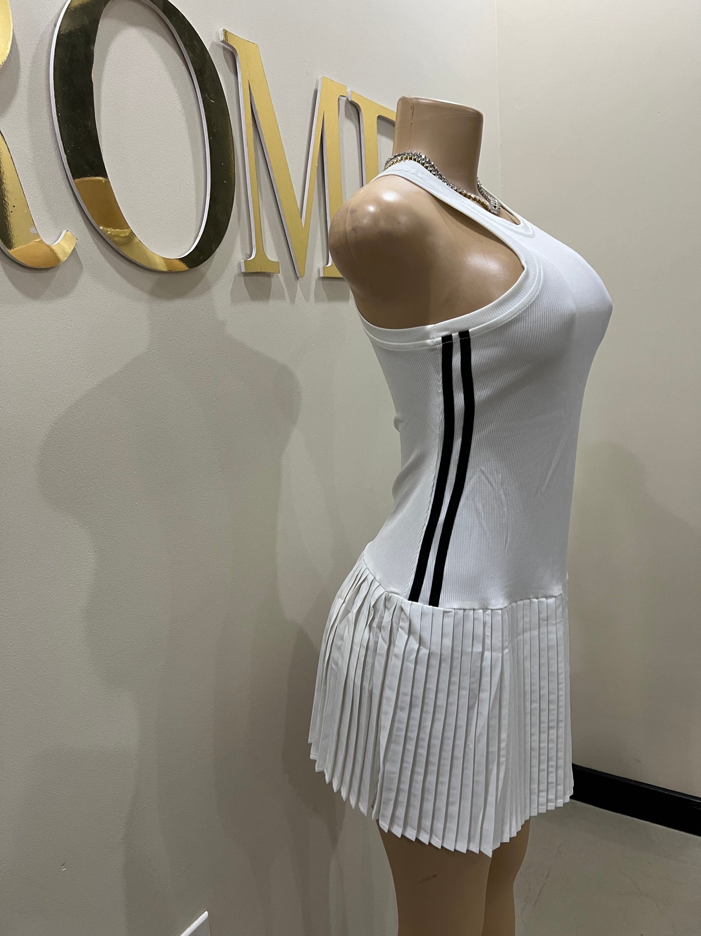 Tennis Pleated Stripe Dress (White)