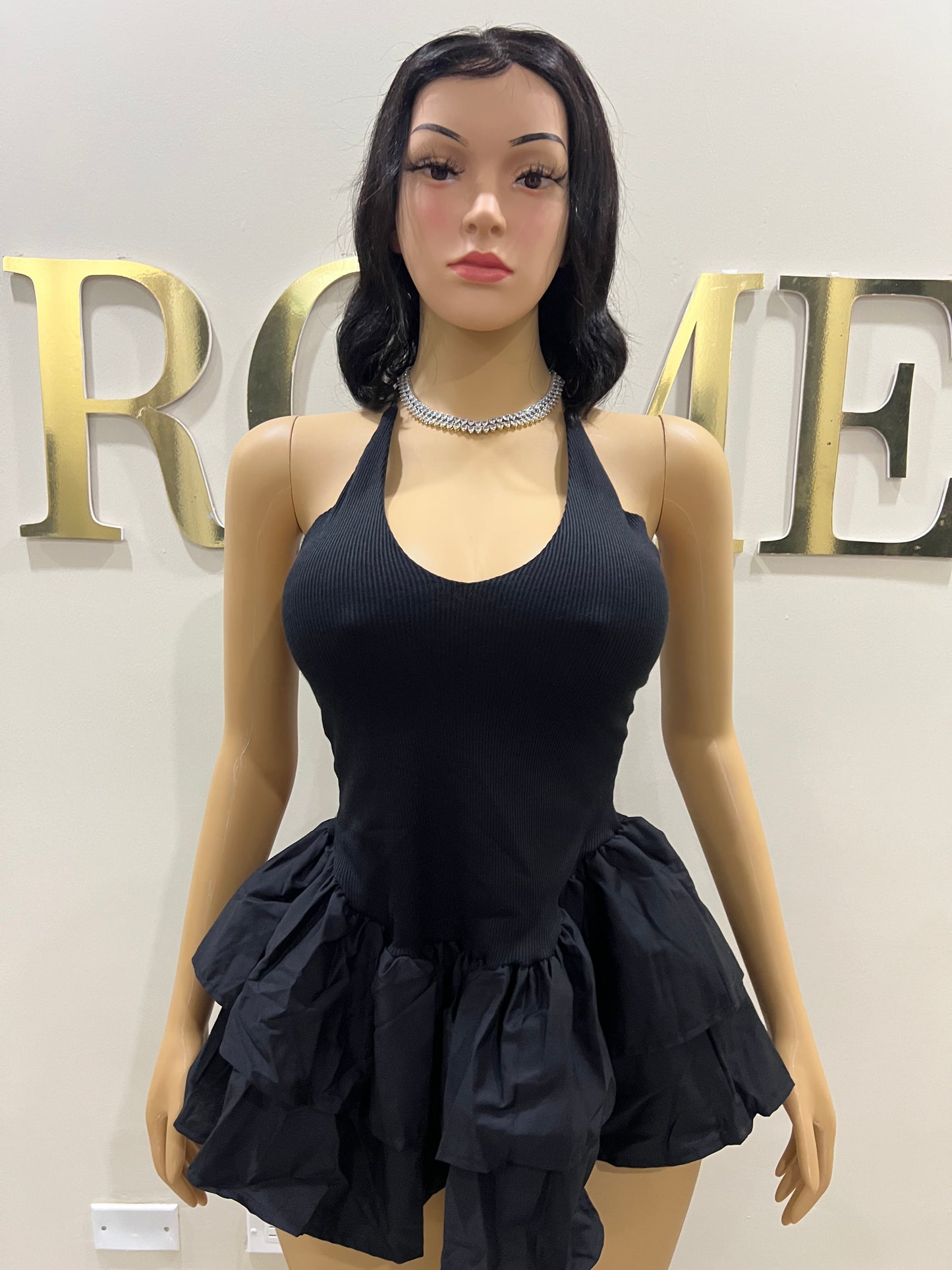 Dora Ruffle Super Mini Dress (Black)