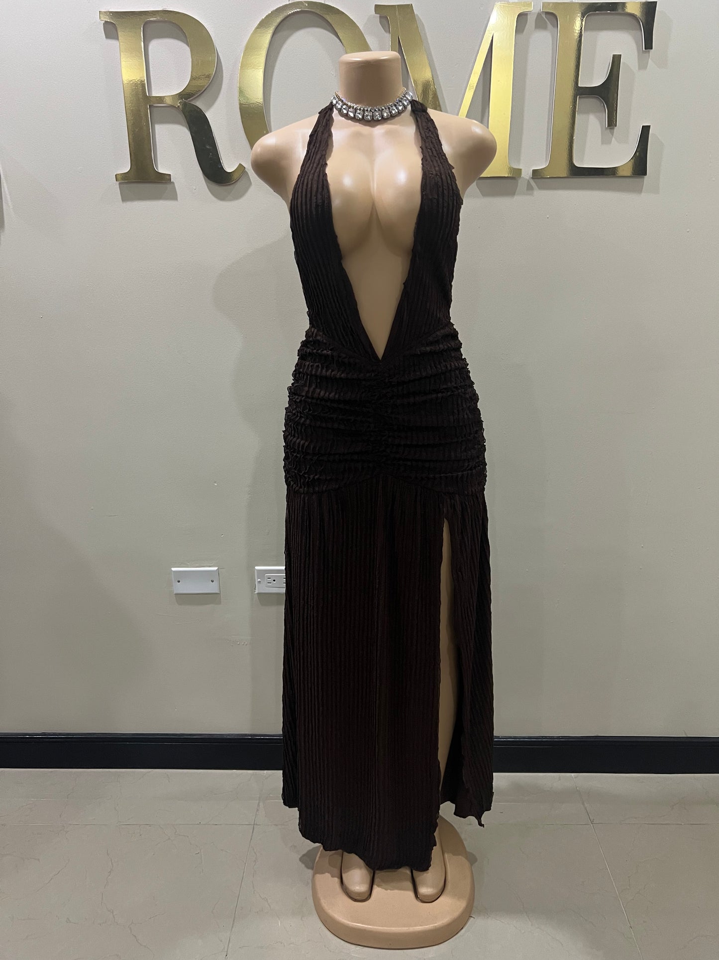 Lily Nara Halter Dress (Dark Brown)