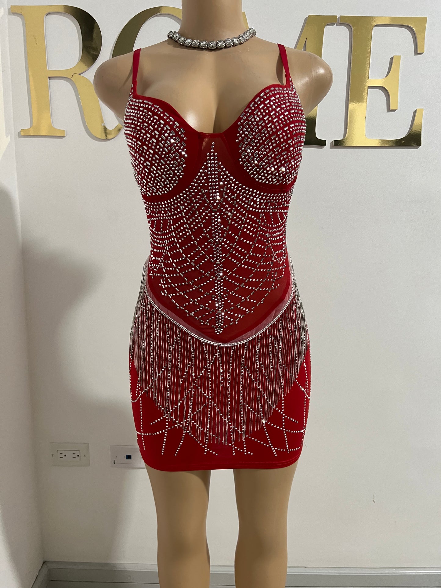 Gianna Fringe Crystal Dress (Red)