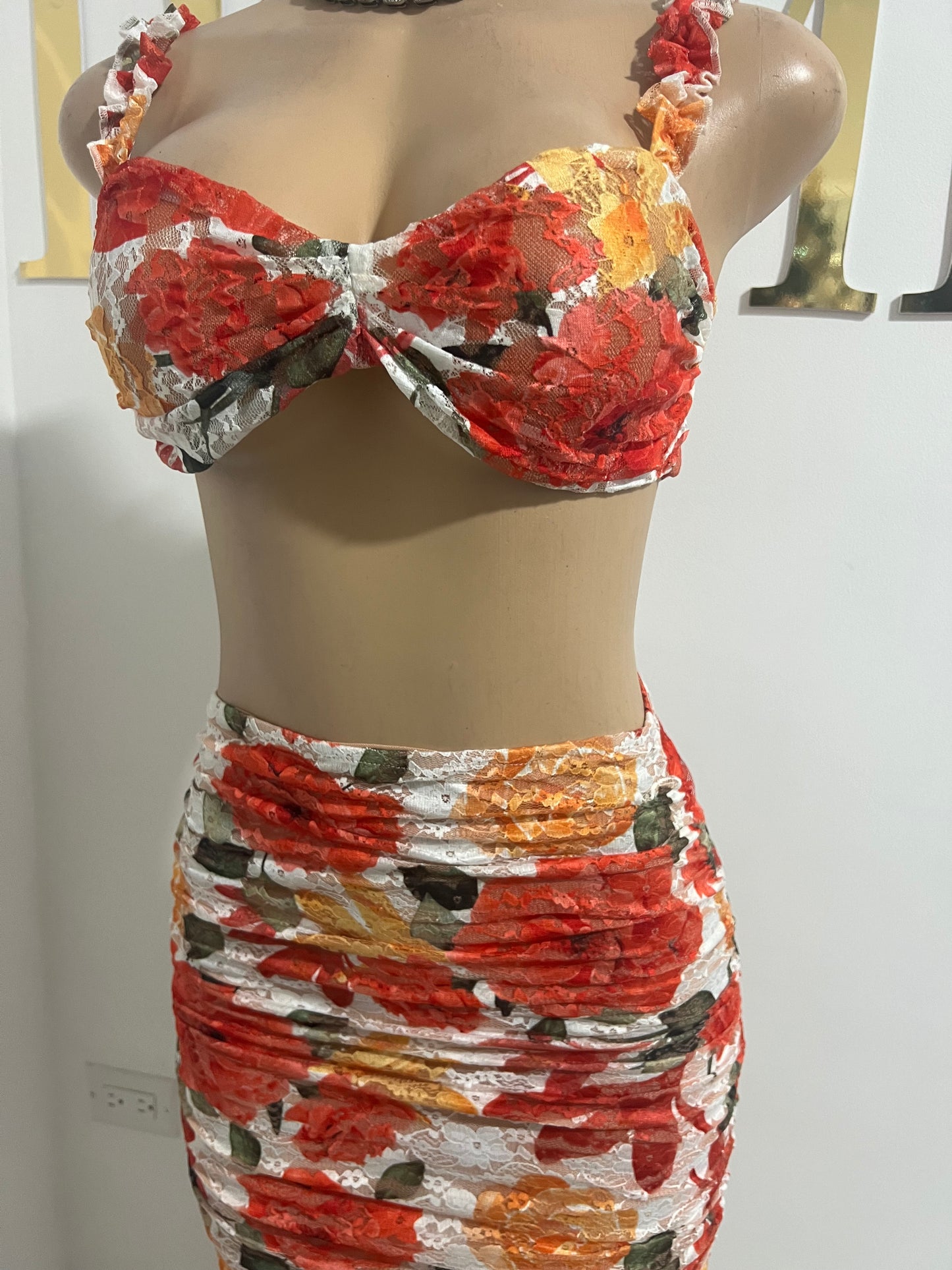 Summer Floral Short Skirt Set (Orange)