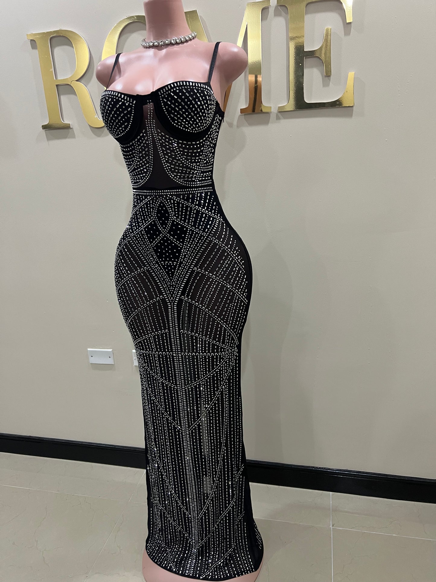 Hannah Crystal Mesh Dress (Black)