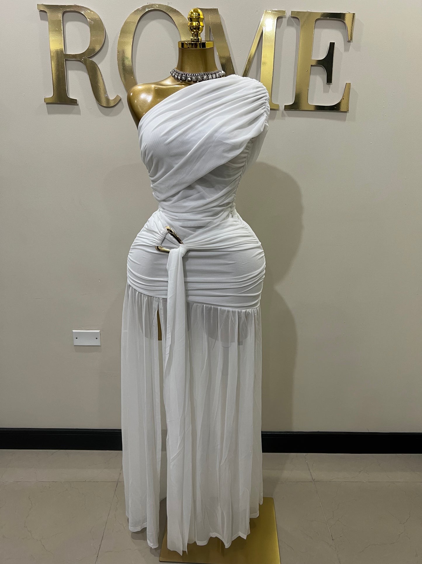 Nara Michelle Angle Mesh Split Dress (White)