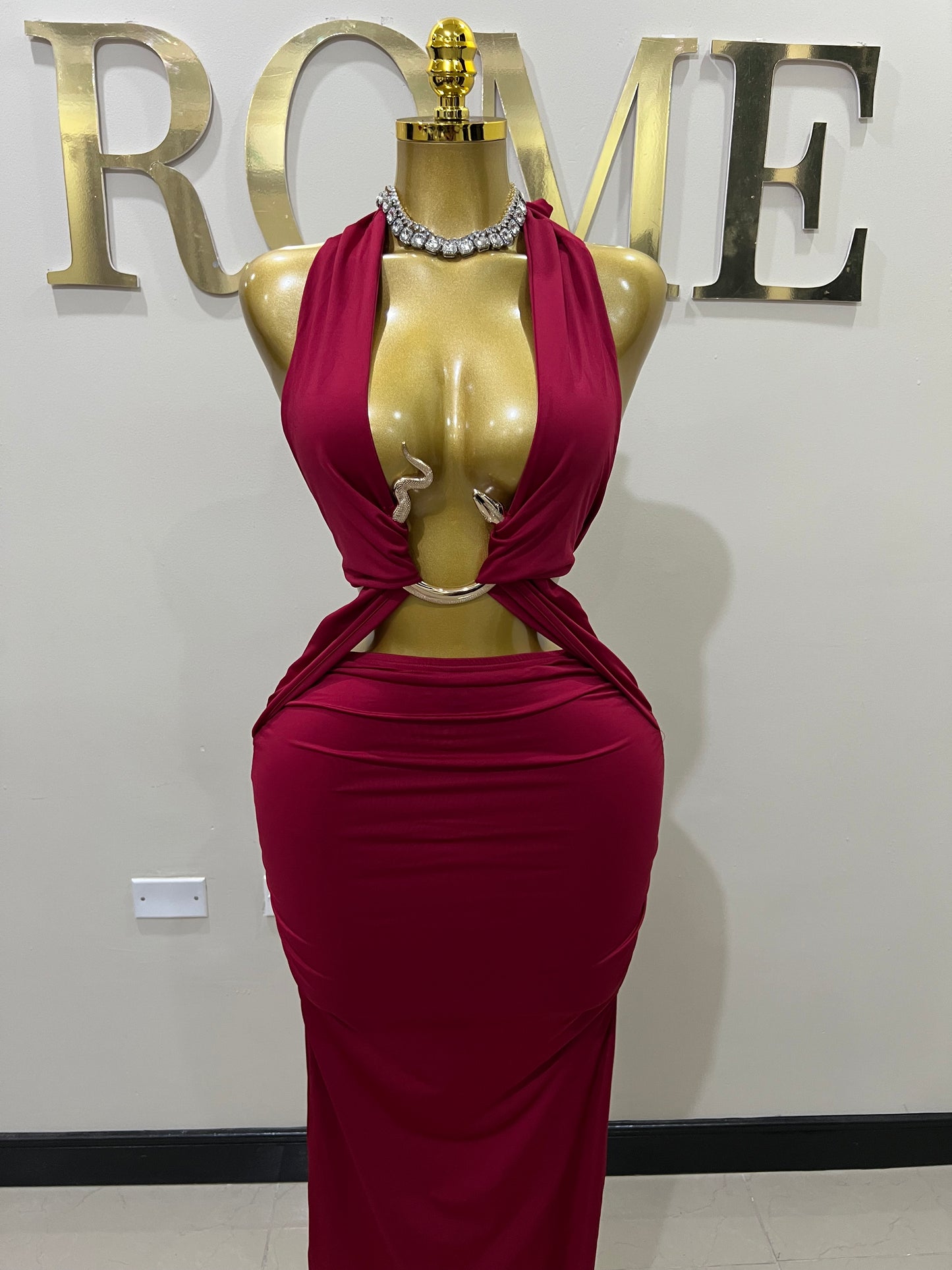 Snake Ming Deep V Dress (Burgundy)