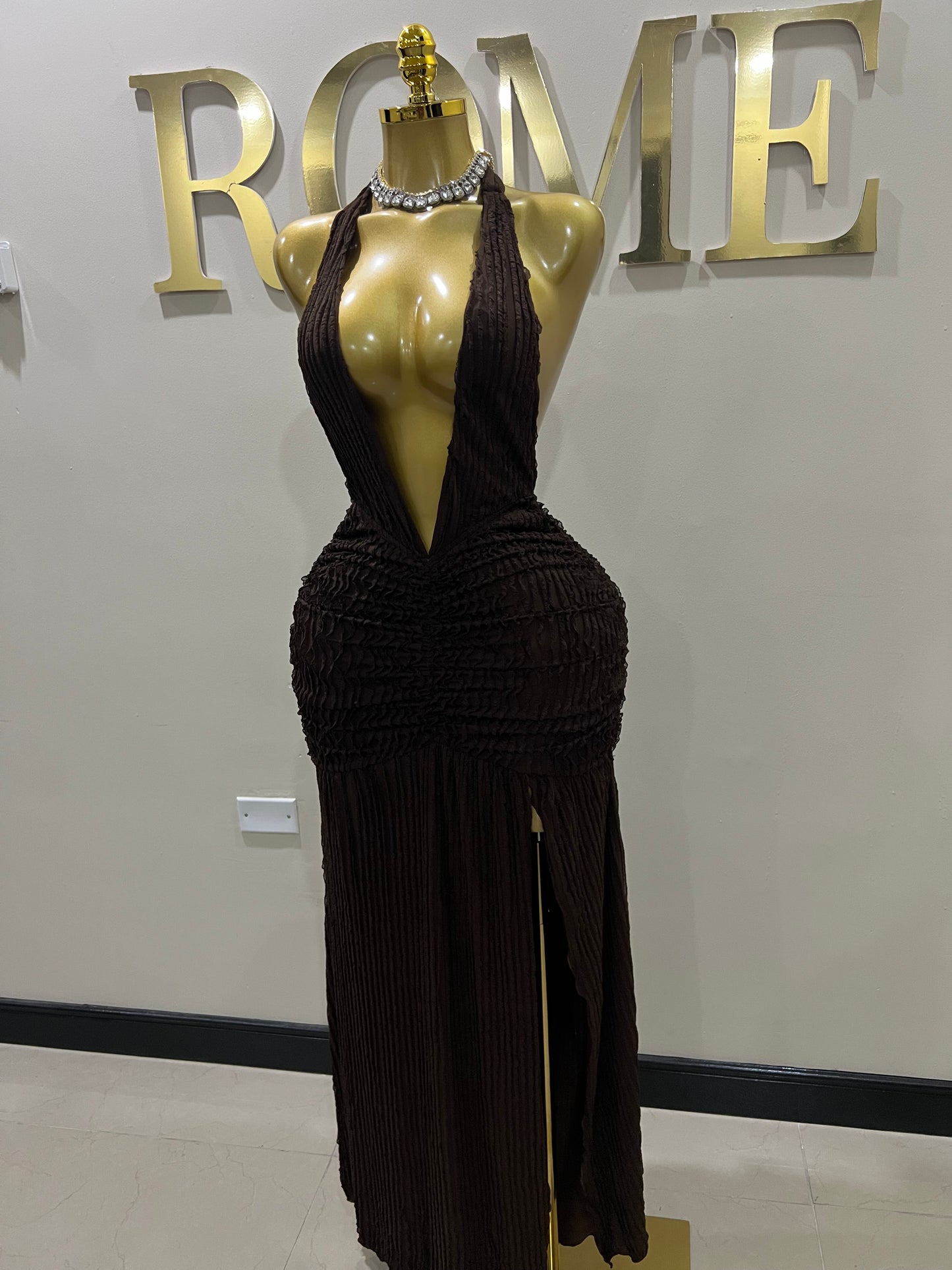 Lily Nara Halter Dress (Dark Brown)