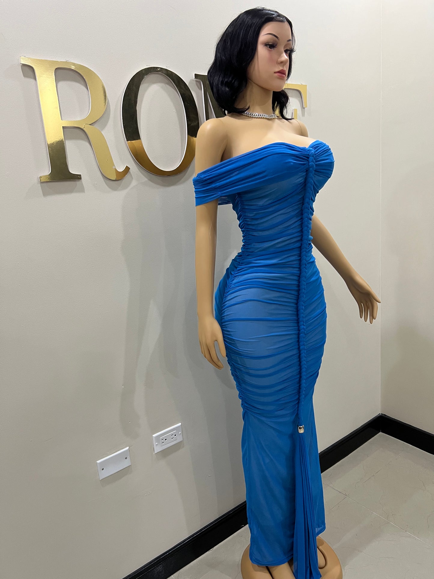 Sophie Off Shoulder Braided Dress (Blue)