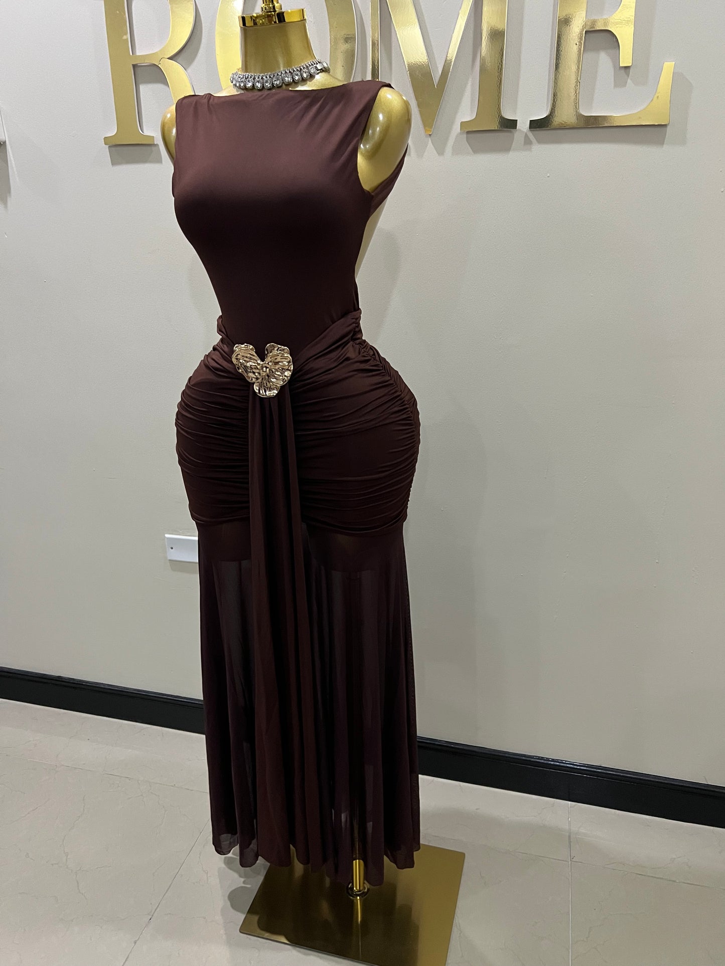 Nara Backless Petal Dress (Brown)