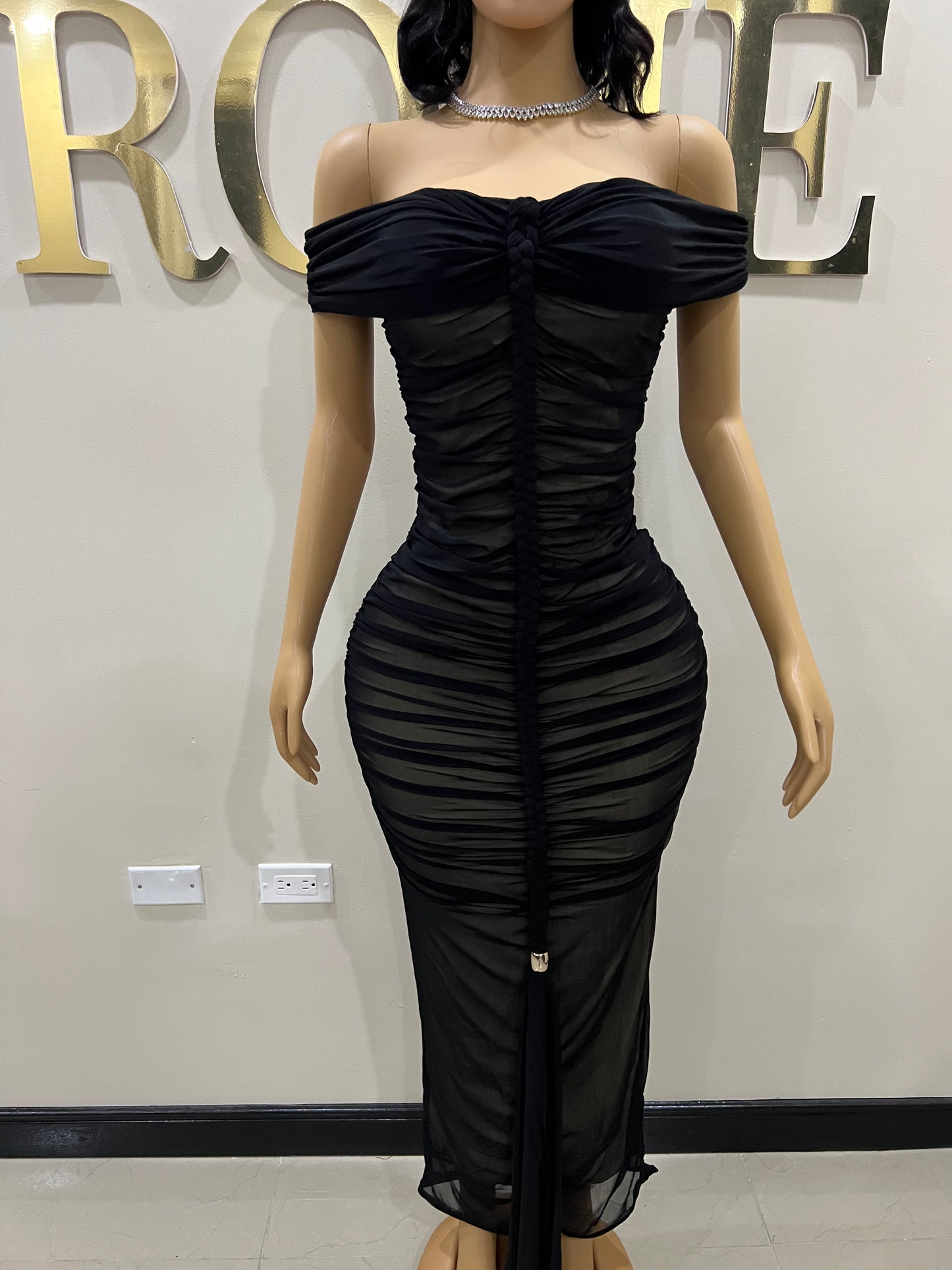 Sophie Off Shoulder Braided Dress (Black)