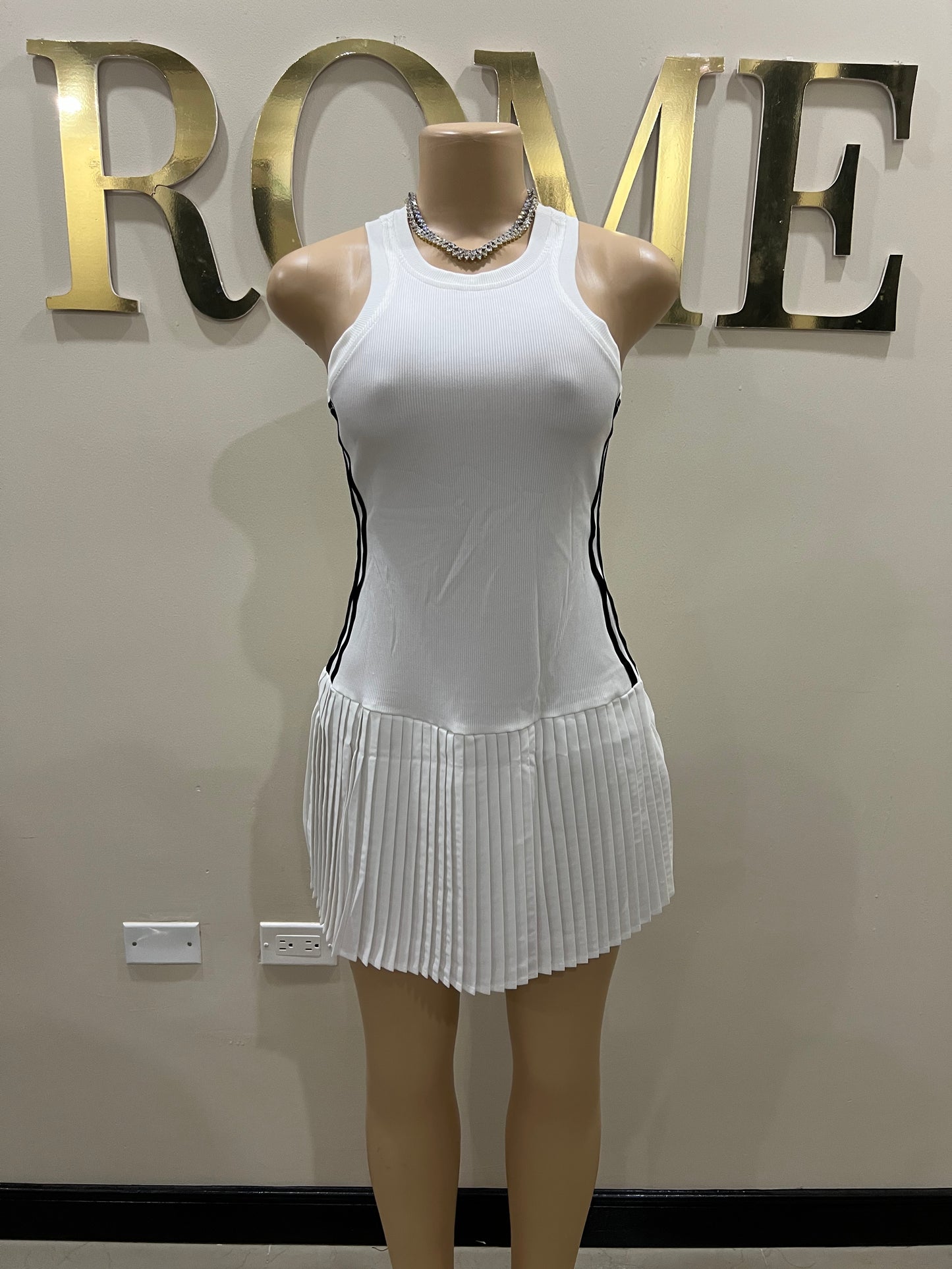 Tennis Pleated Stripe Dress (White)