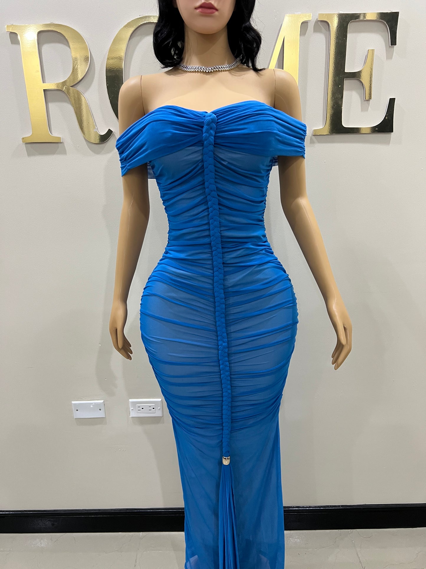 Sophie Off Shoulder Braided Dress (Blue)