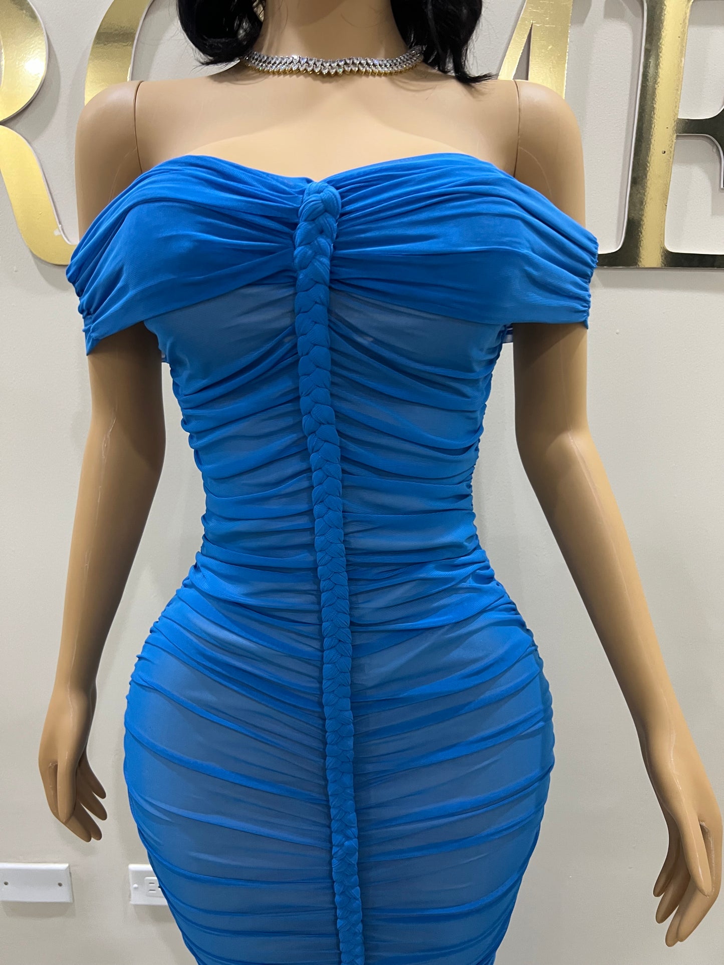 Sophie Off Shoulder Braided Dress (Blue)