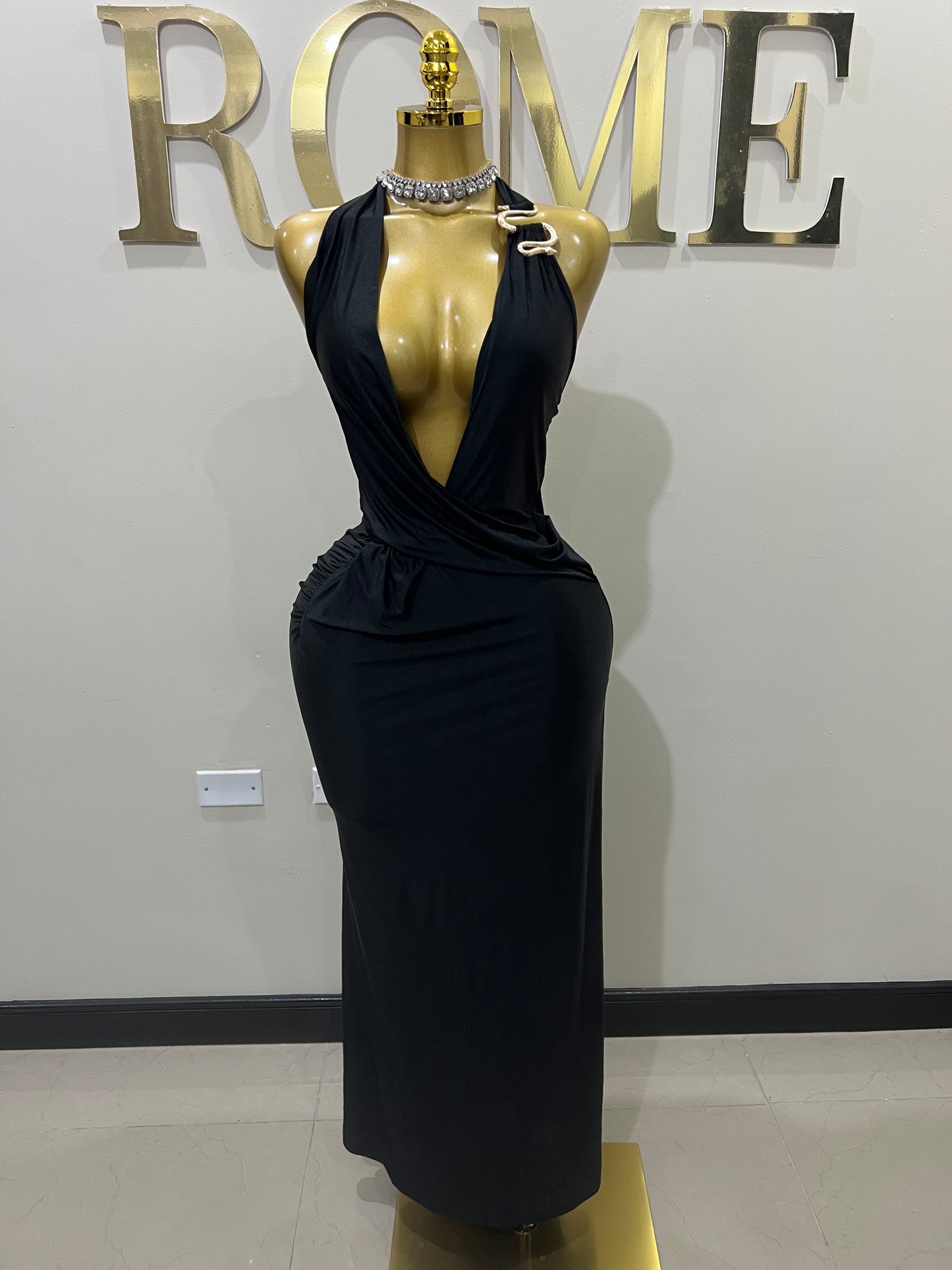 Snake Deep V Rouched Dress (Black)