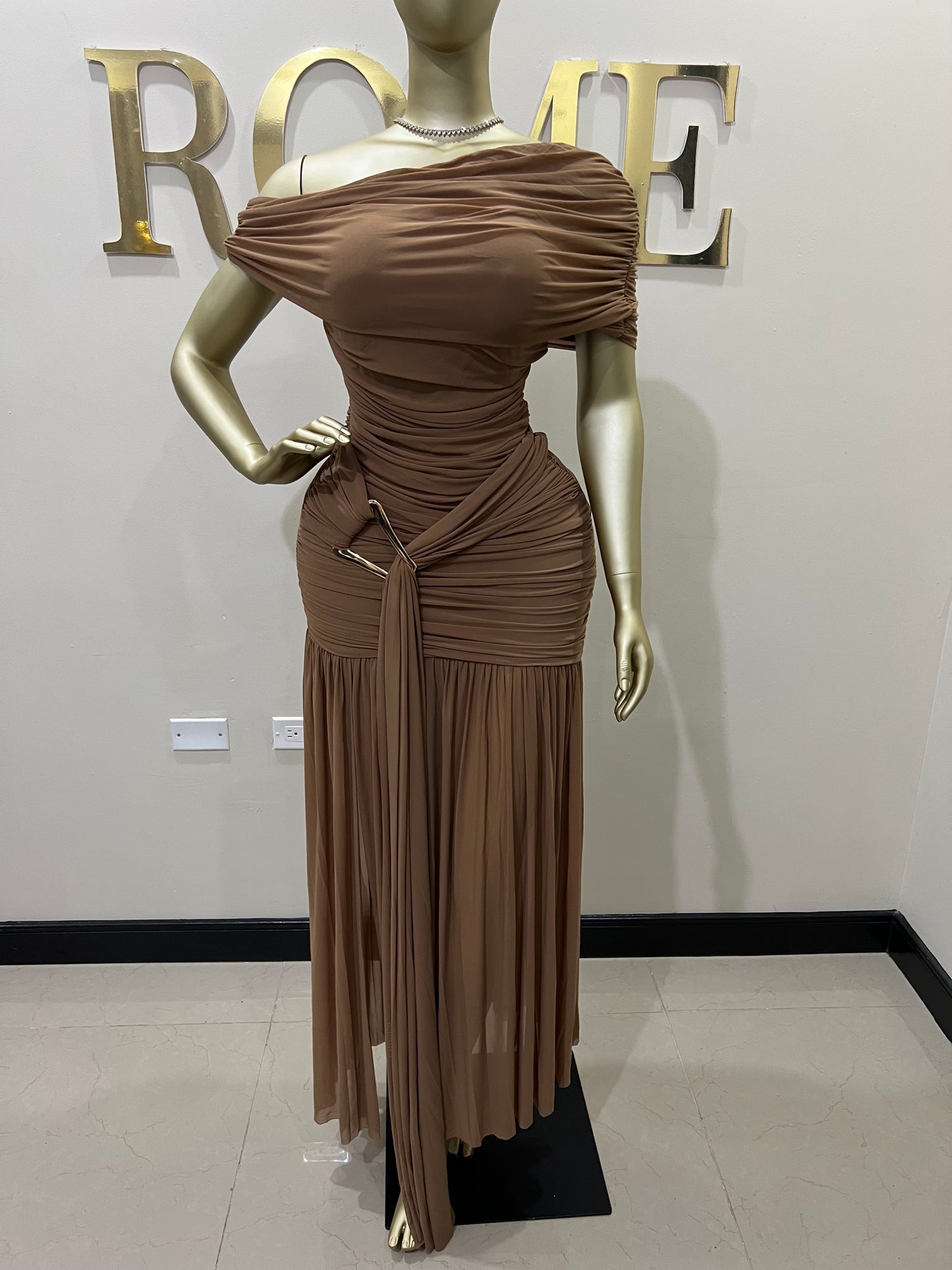 Nara Michelle Angle Mesh Split Dress (Brown)