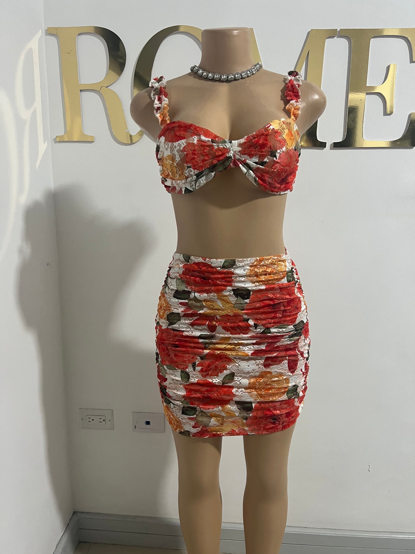 Summer Floral Short Skirt Set (Orange)