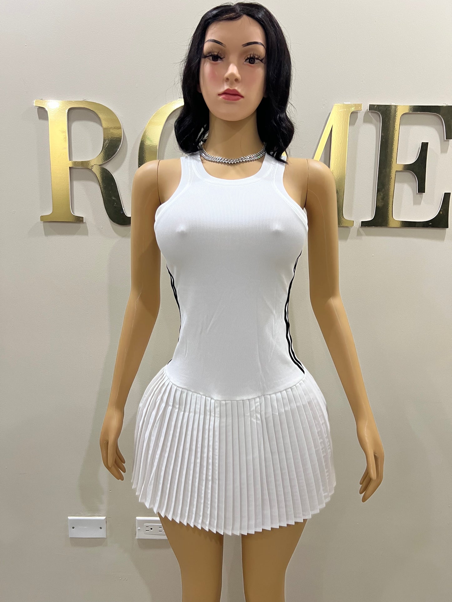 Tennis Pleated Stripe Dress (White)