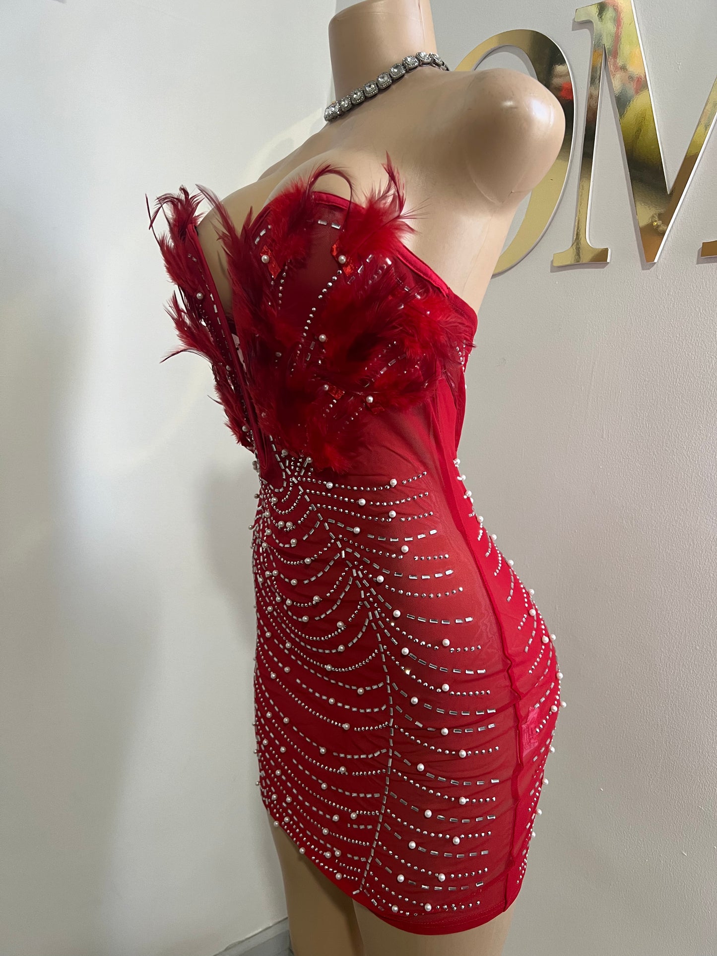 Elle Feather Crystal Dress (Darker Red)