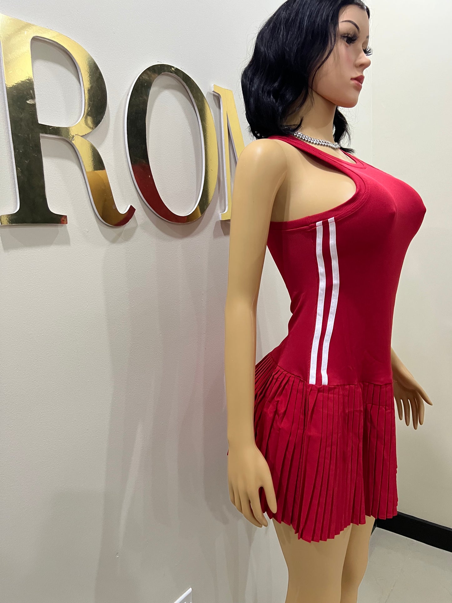Tennis Pleated Stripe Dress (Red)