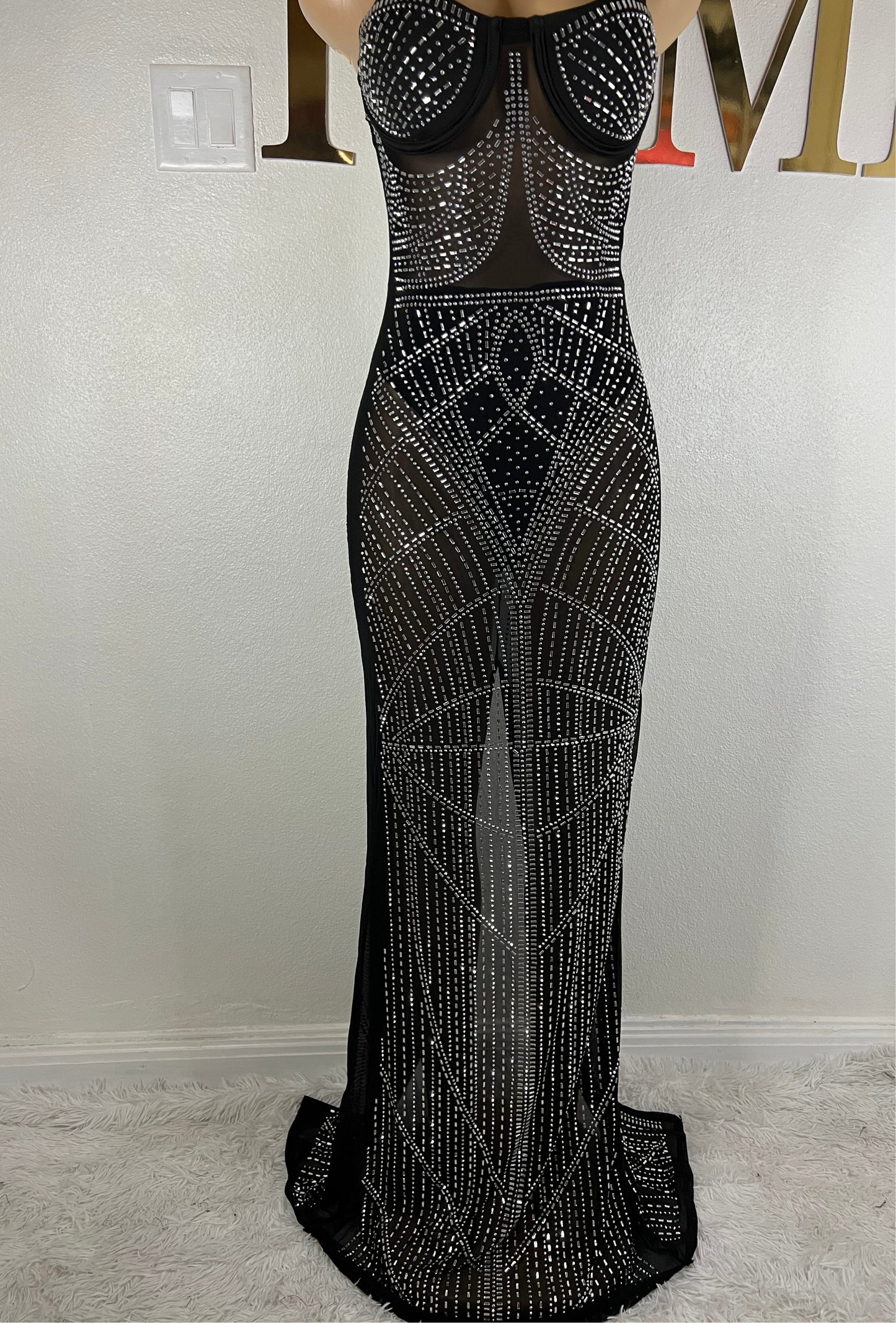 Hannah Crystal Mesh Dress (Black)