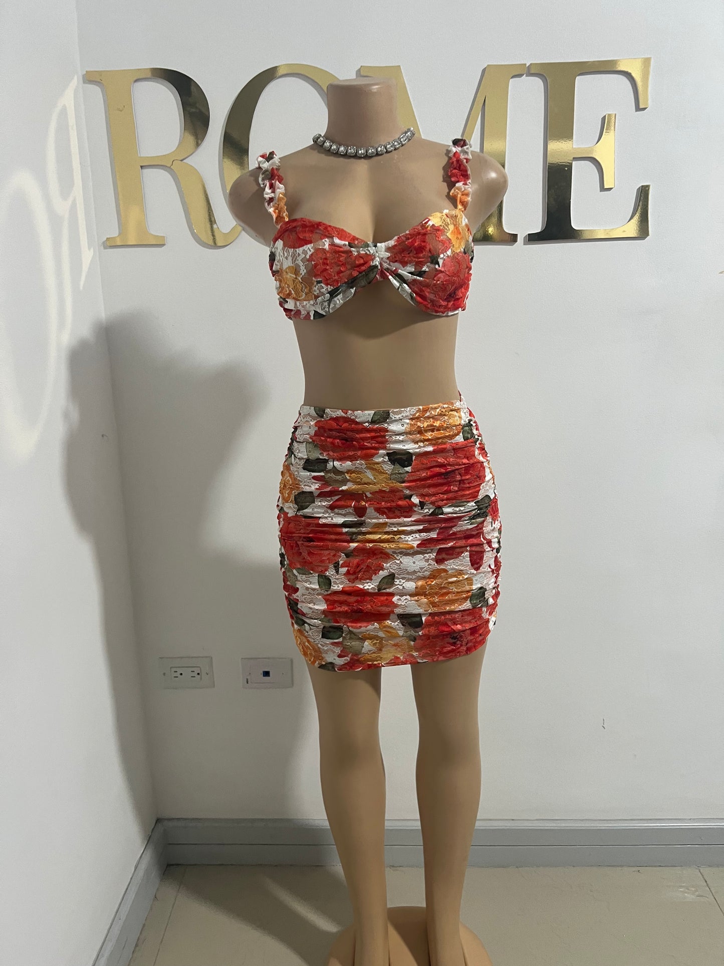Summer Floral Short Skirt Set (Orange)