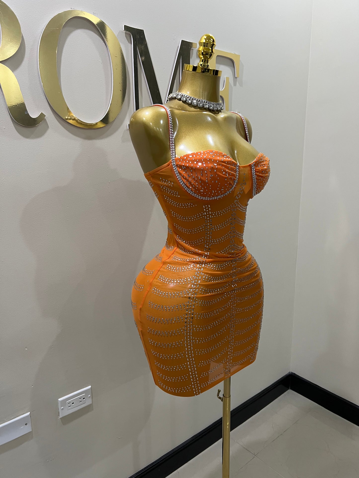 Starburst Crystal Mesh Dress (Orange)