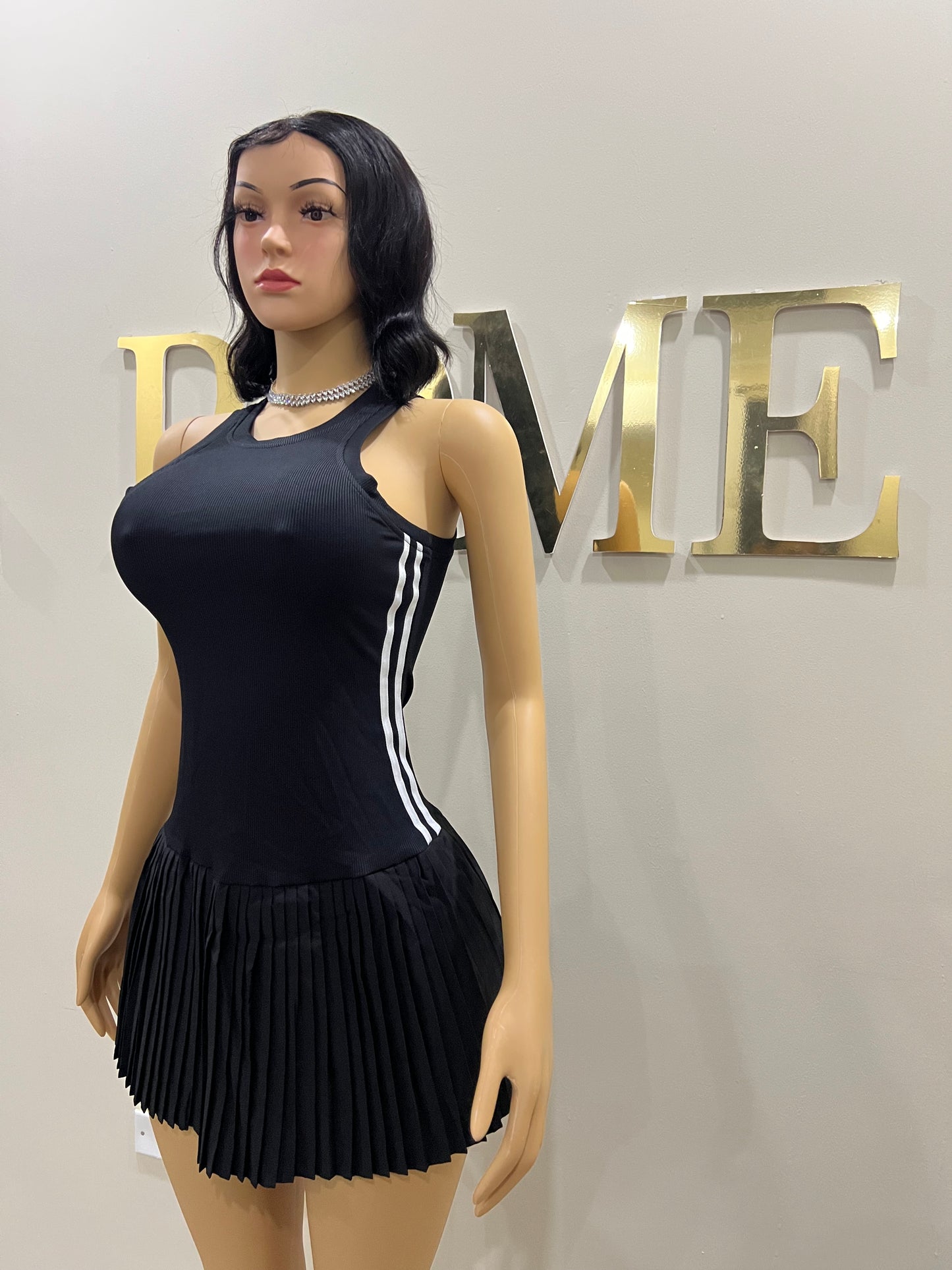 Tennis Pleated Stripe Dress (Black)