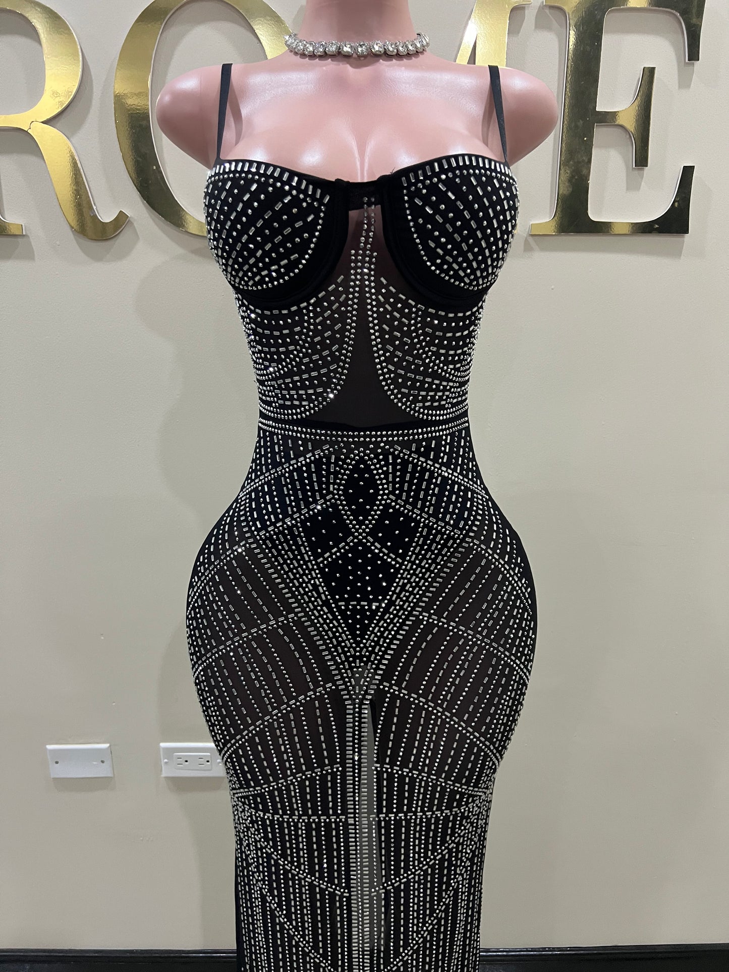 Hannah Crystal Mesh Dress (Black)