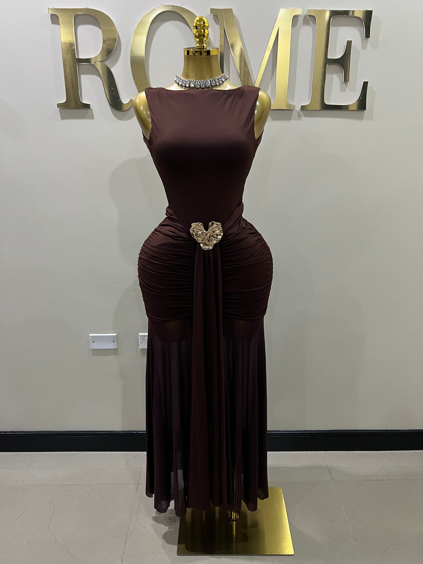 Nara Backless Petal Dress (Brown)