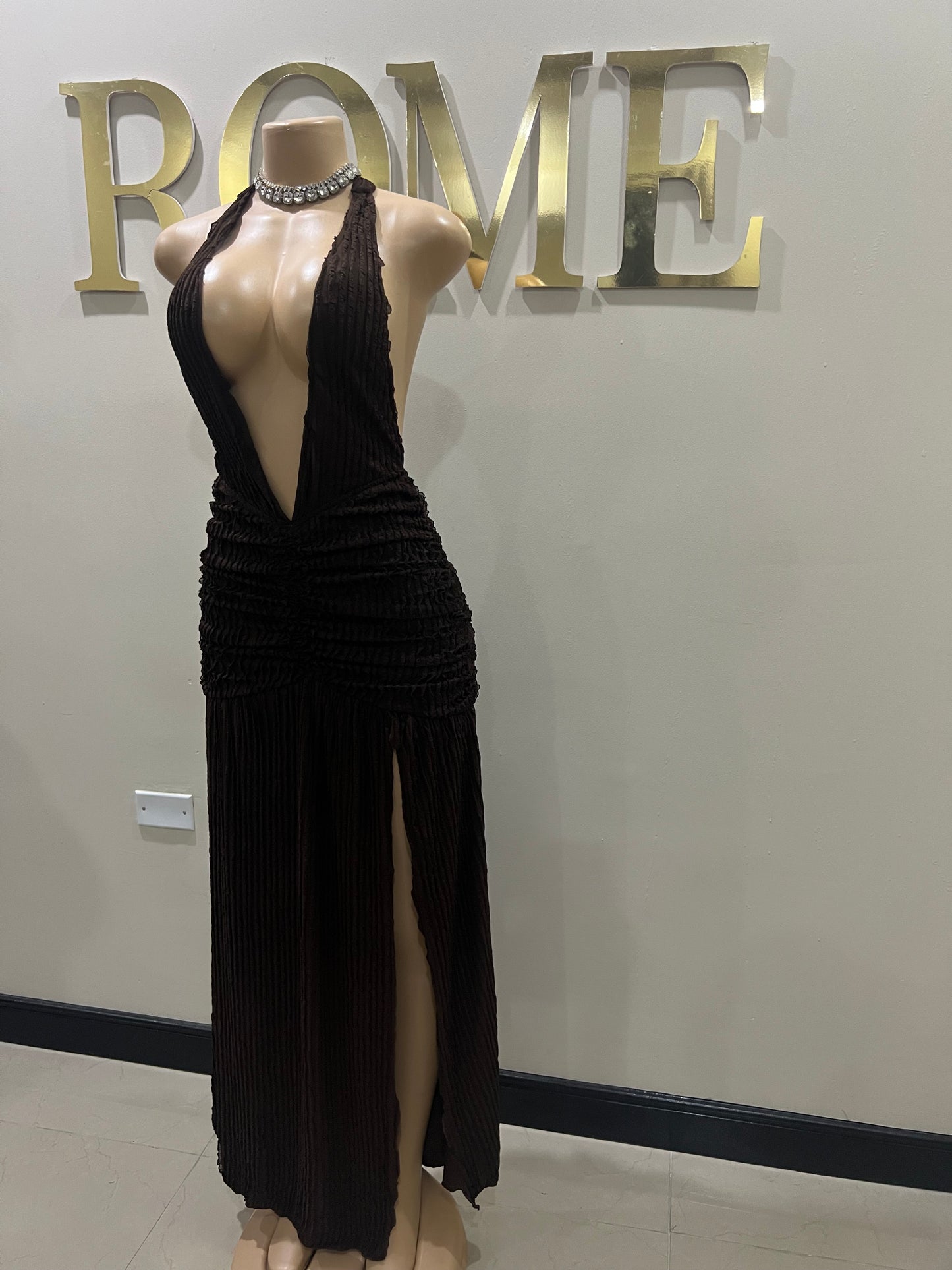 Lily Nara Halter Dress (Dark Brown)