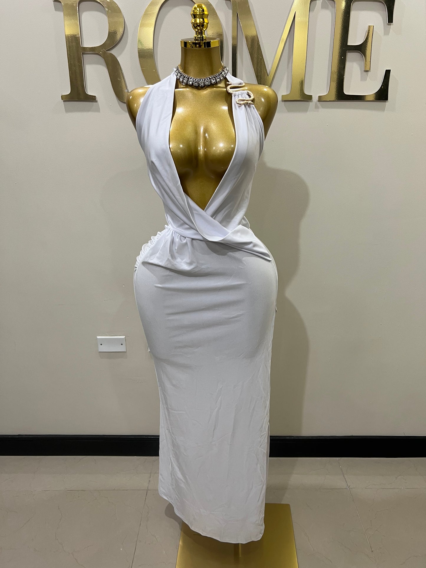Snake Deep V Rouched Dress (White)