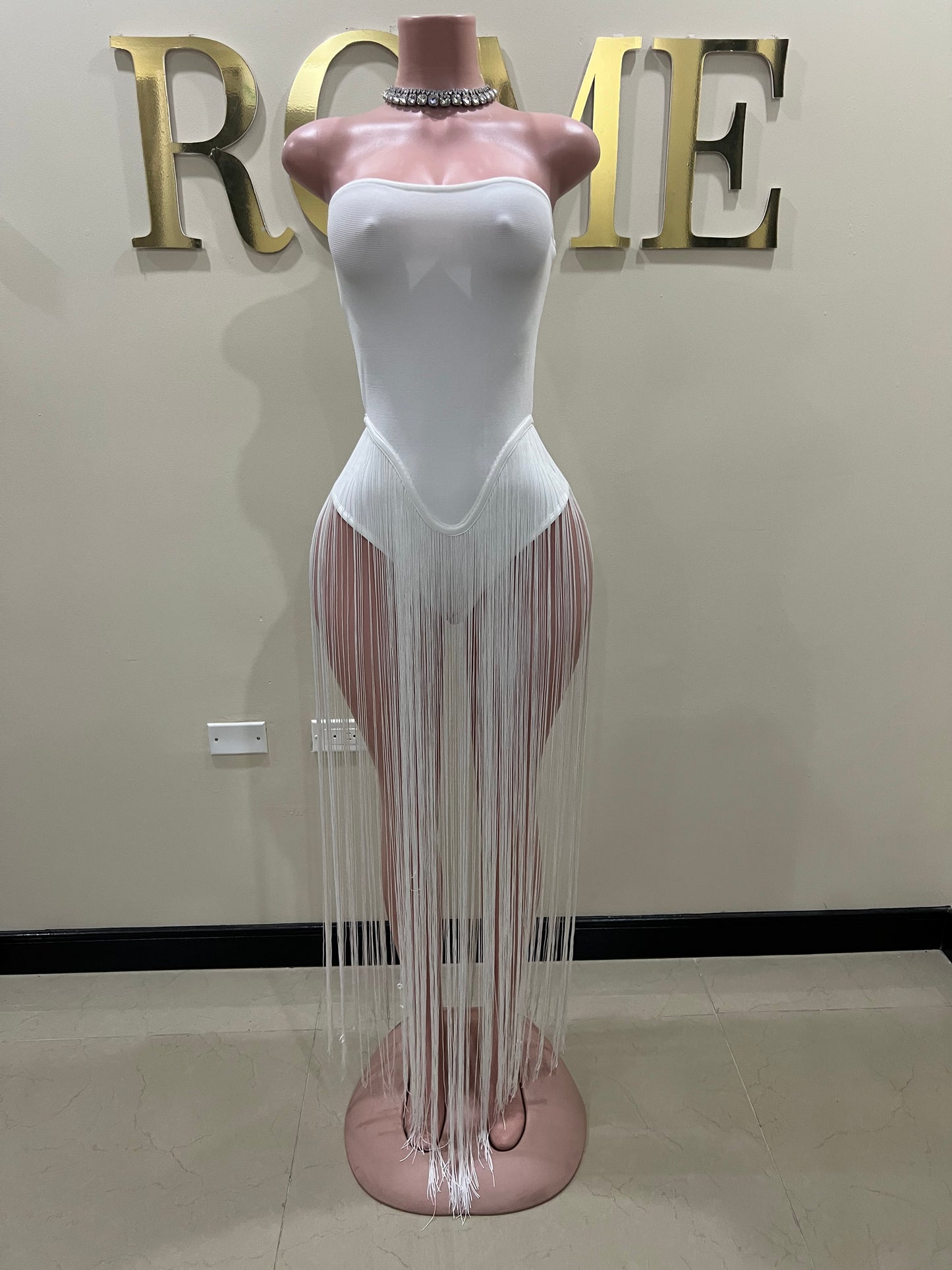 Simone Fringe Bandage Bodysuit (White)