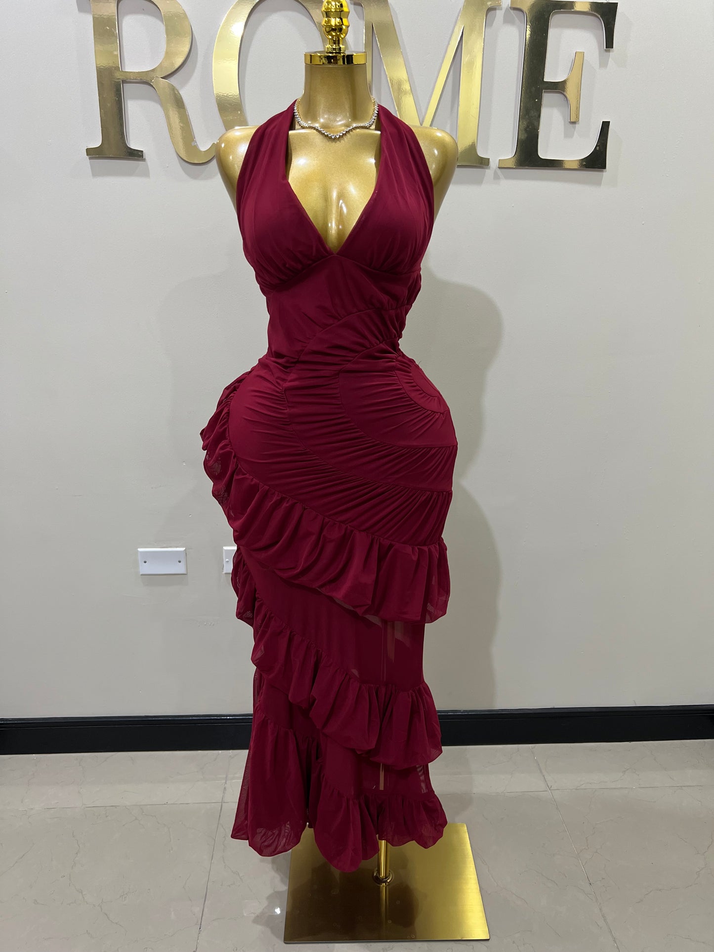 Courtili Ruffle Mesh Dress (Burgundy)