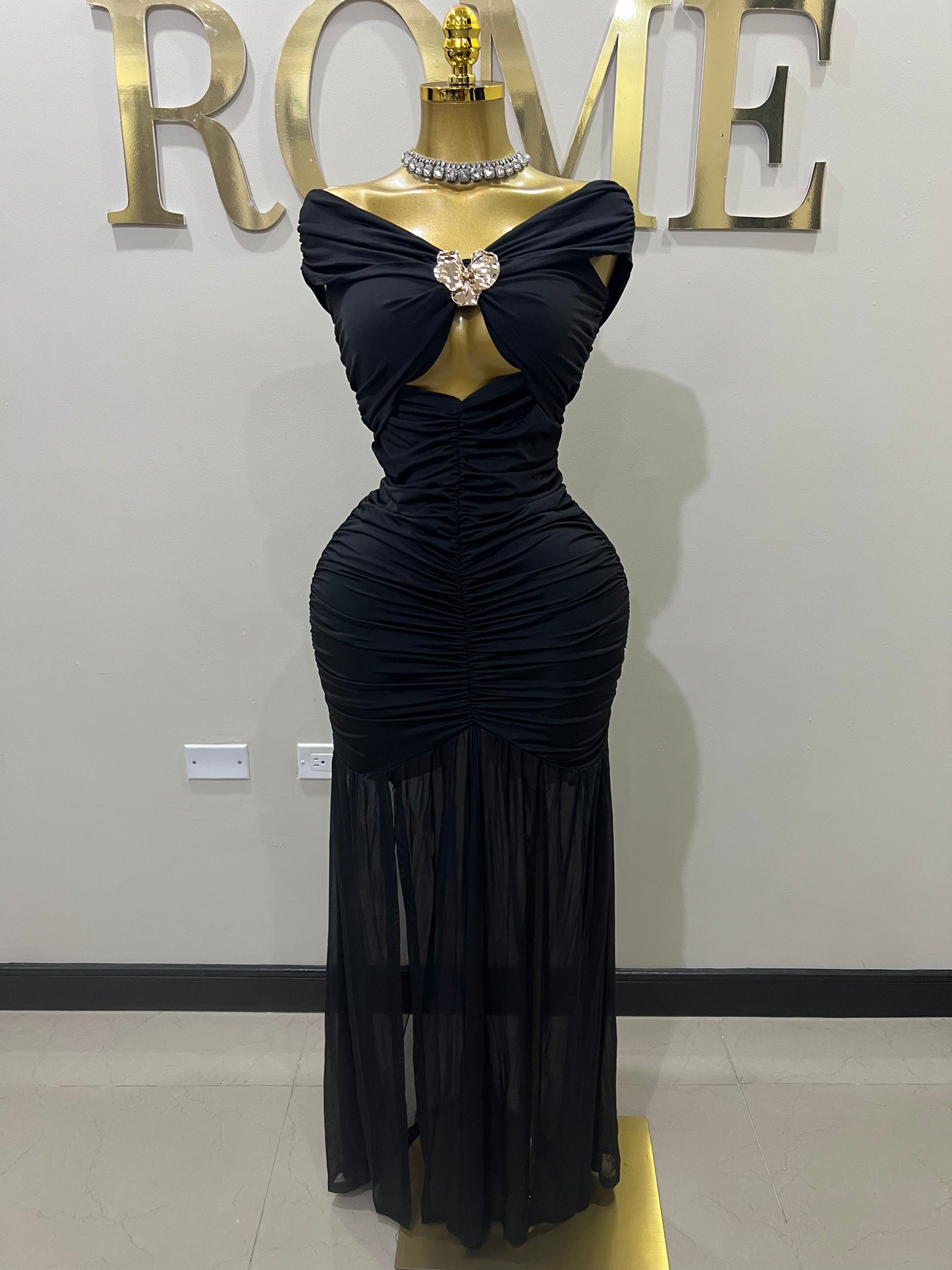 Nara Sophie Petal Off Shoulder Split Dress (Black)