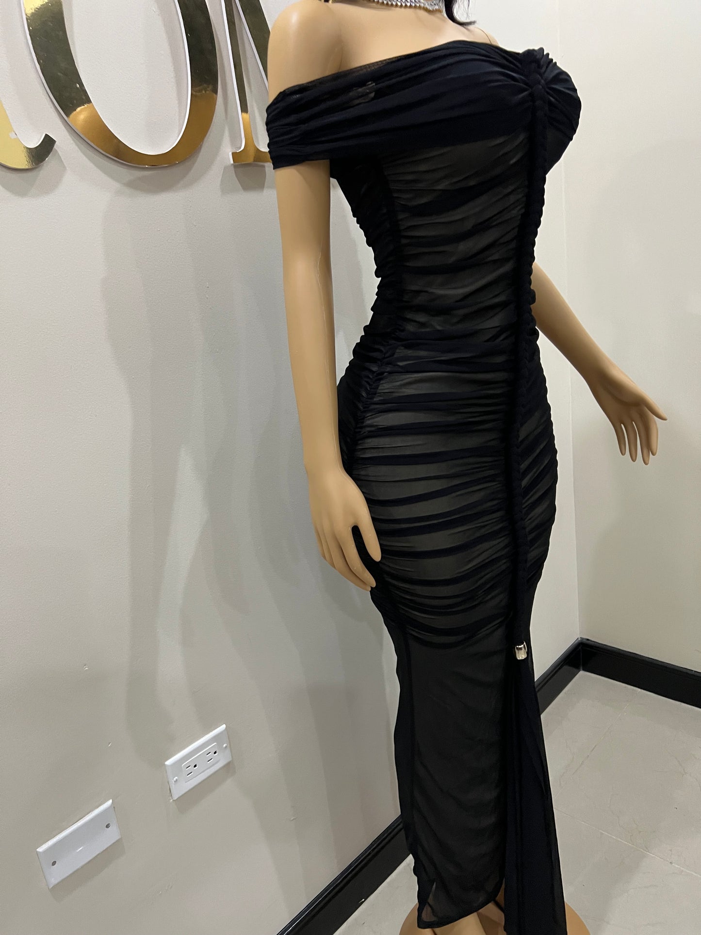 Sophie Off Shoulder Braided Dress (Black)