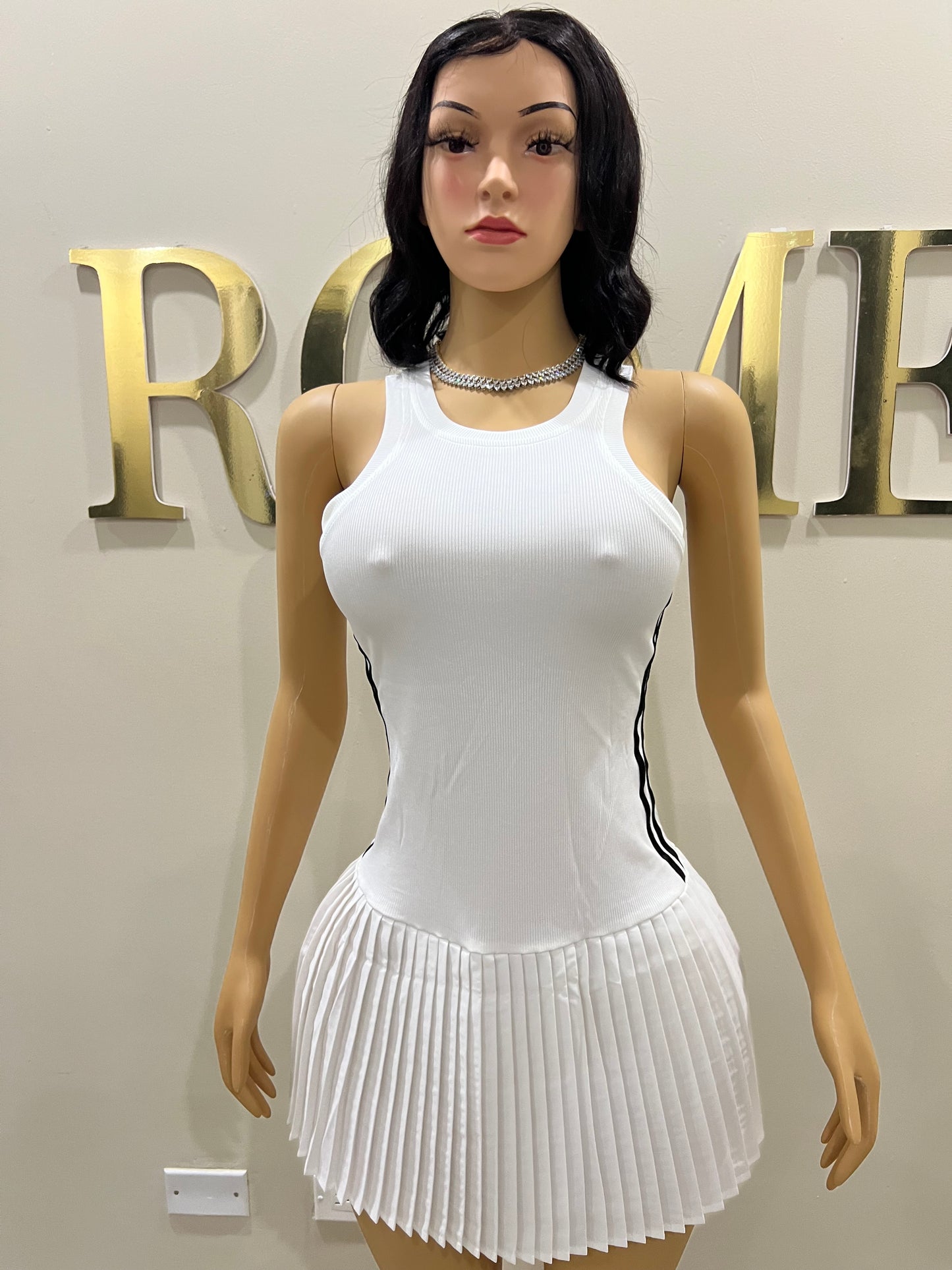 Tennis Pleated Stripe Dress (White)