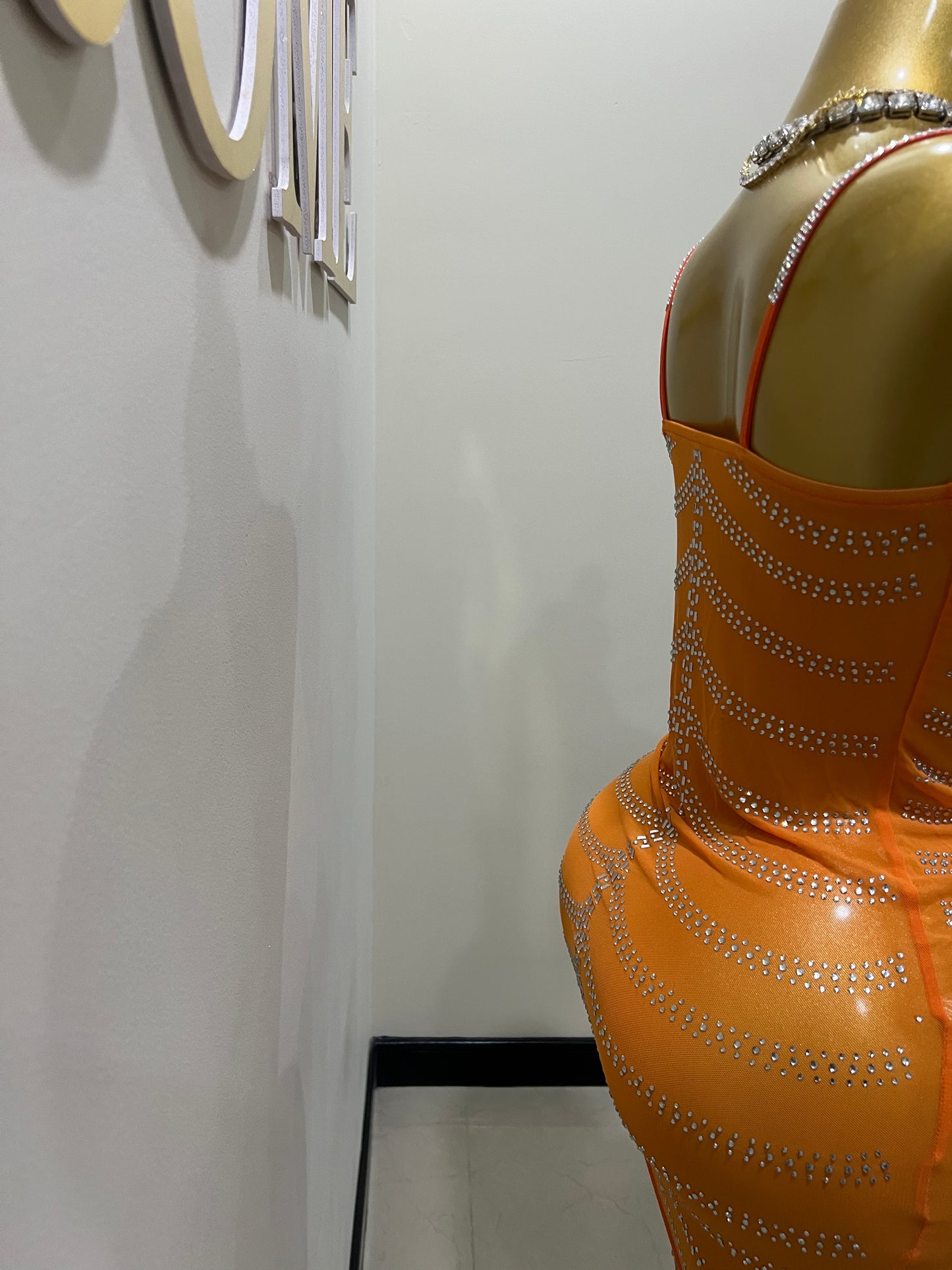 Starburst Crystal Mesh Dress (Orange)