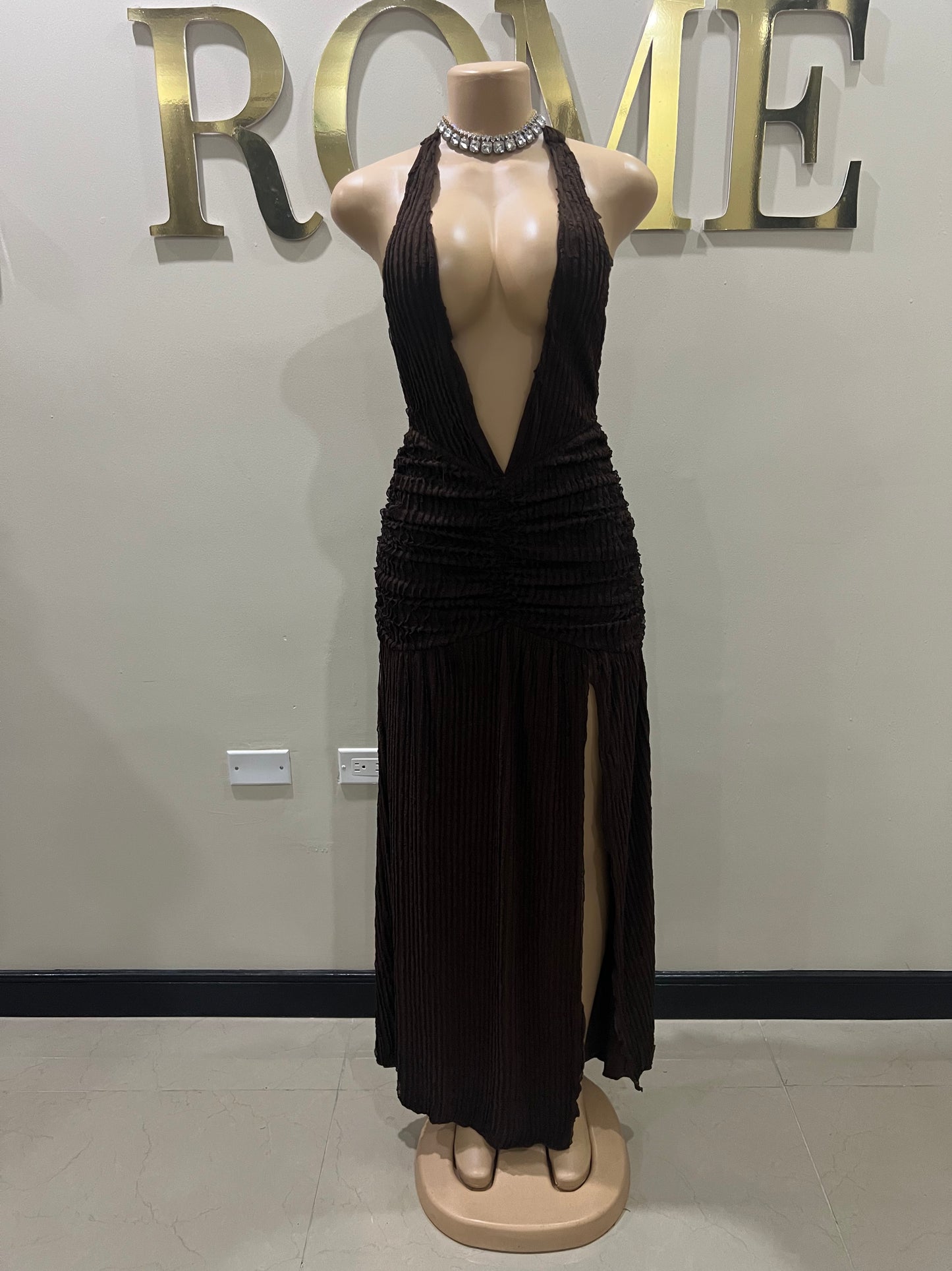 Lily Nara Halter Dress (Dark Brown)