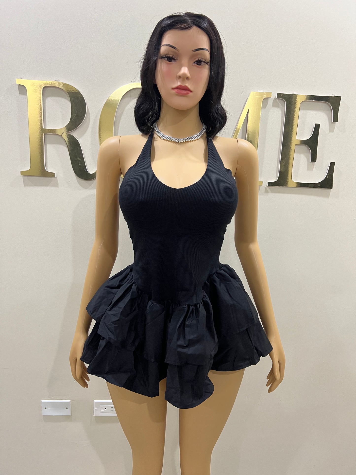 Dora Ruffle Super Mini Dress (Black)