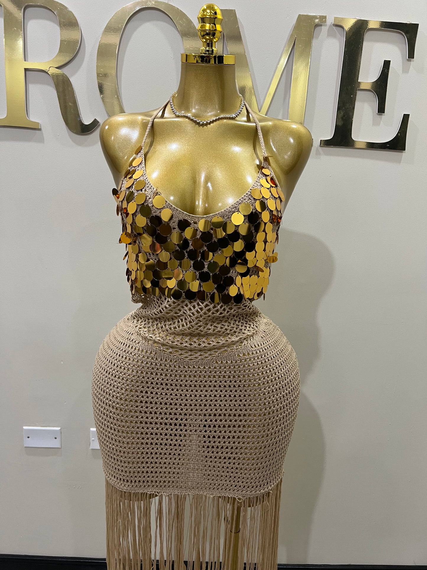 Destiny Sequin Crochet Fringe Dress (Brown)