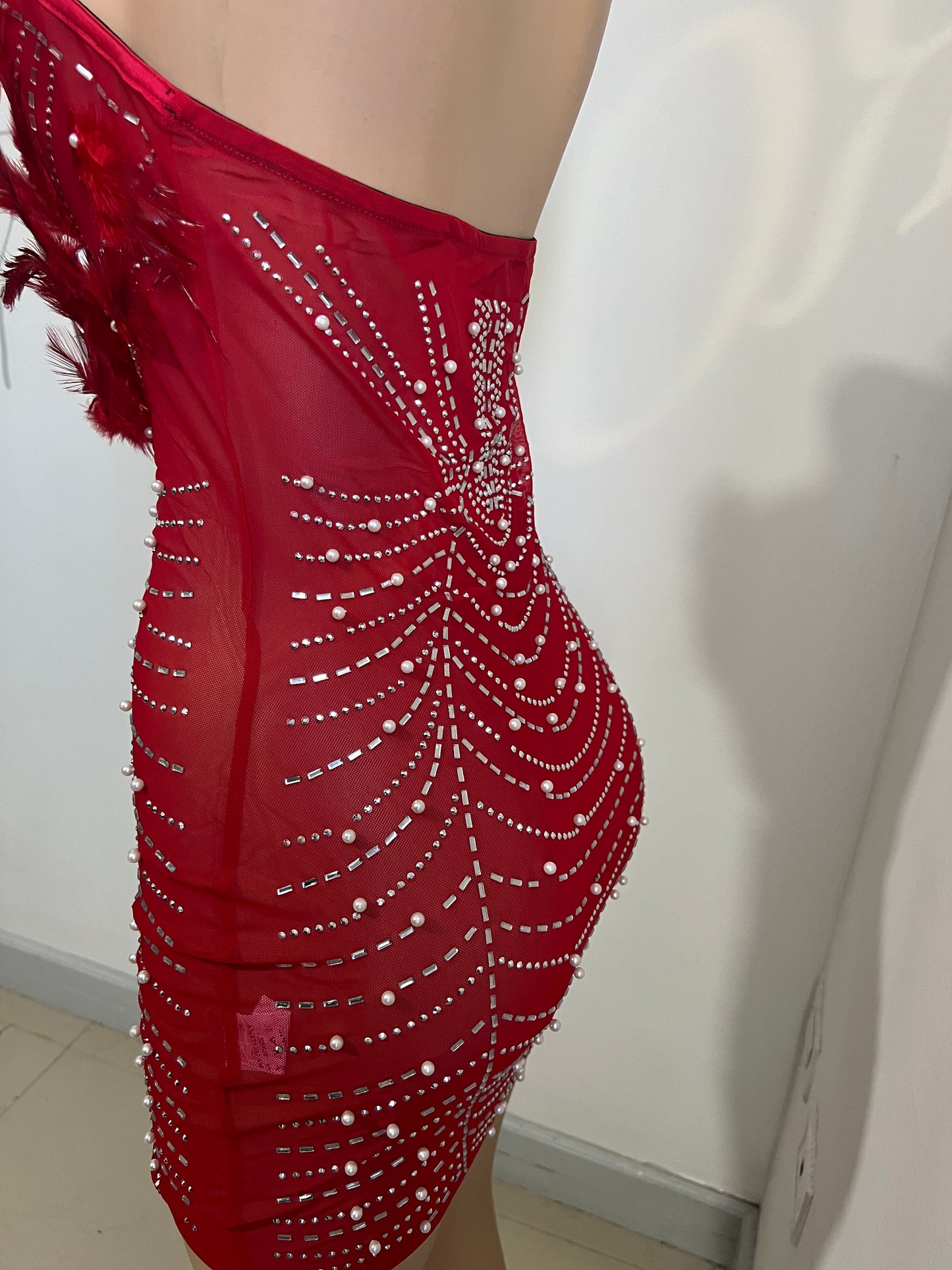 Elle Feather Crystal Dress (Darker Red)