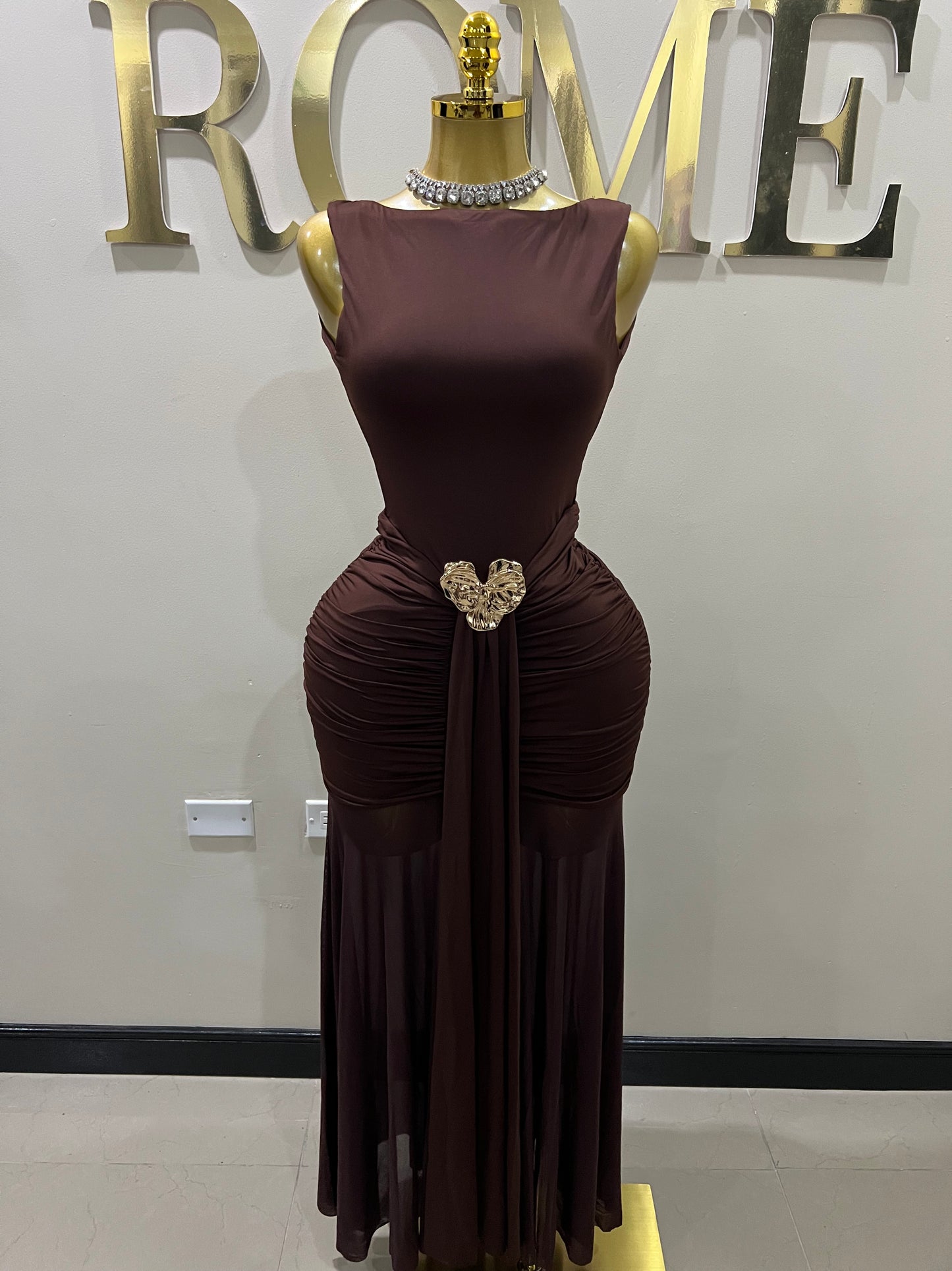 Nara Backless Petal Dress (Brown)