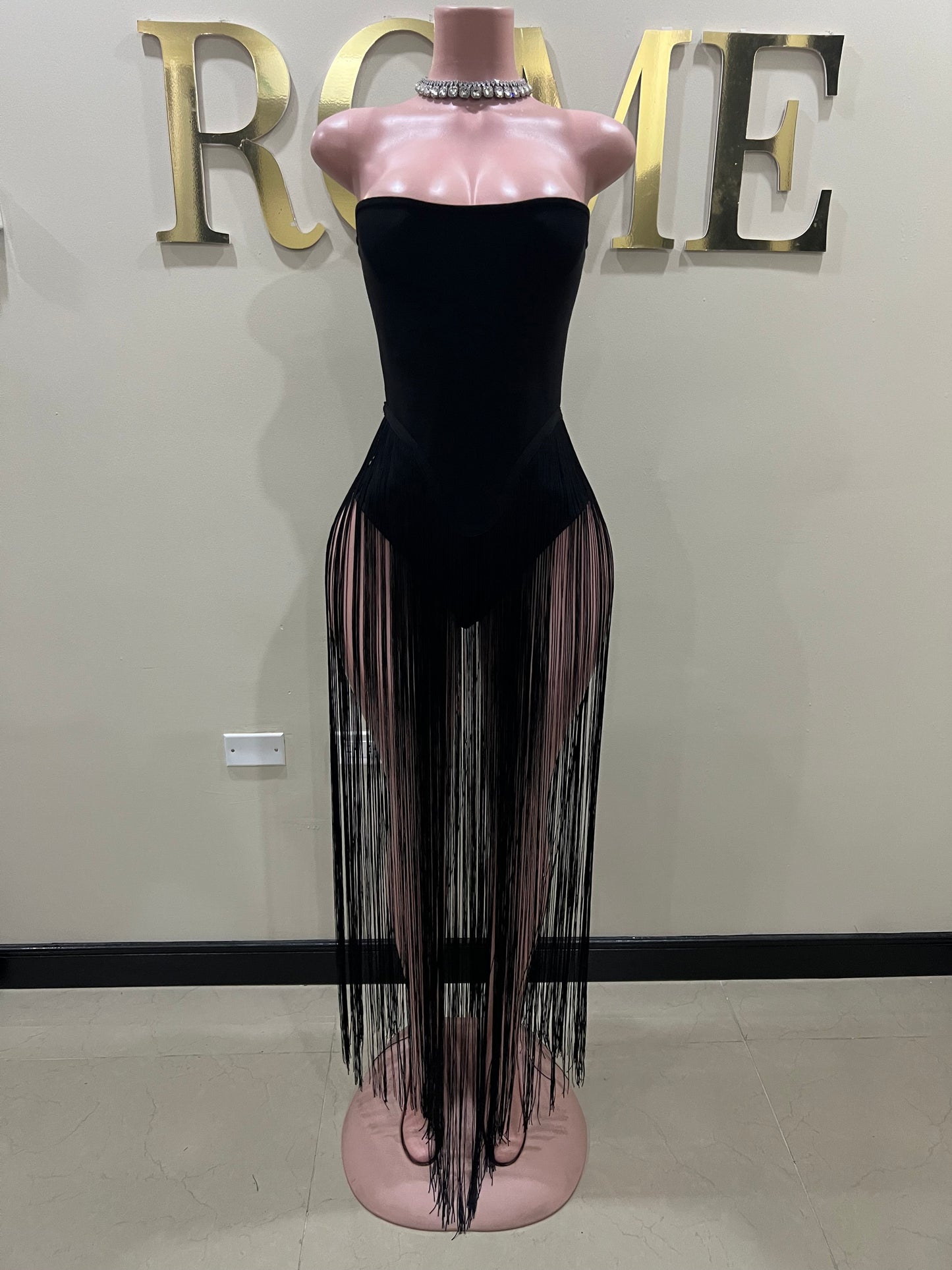 Simone Fringe Bandage Bodysuit (Black)