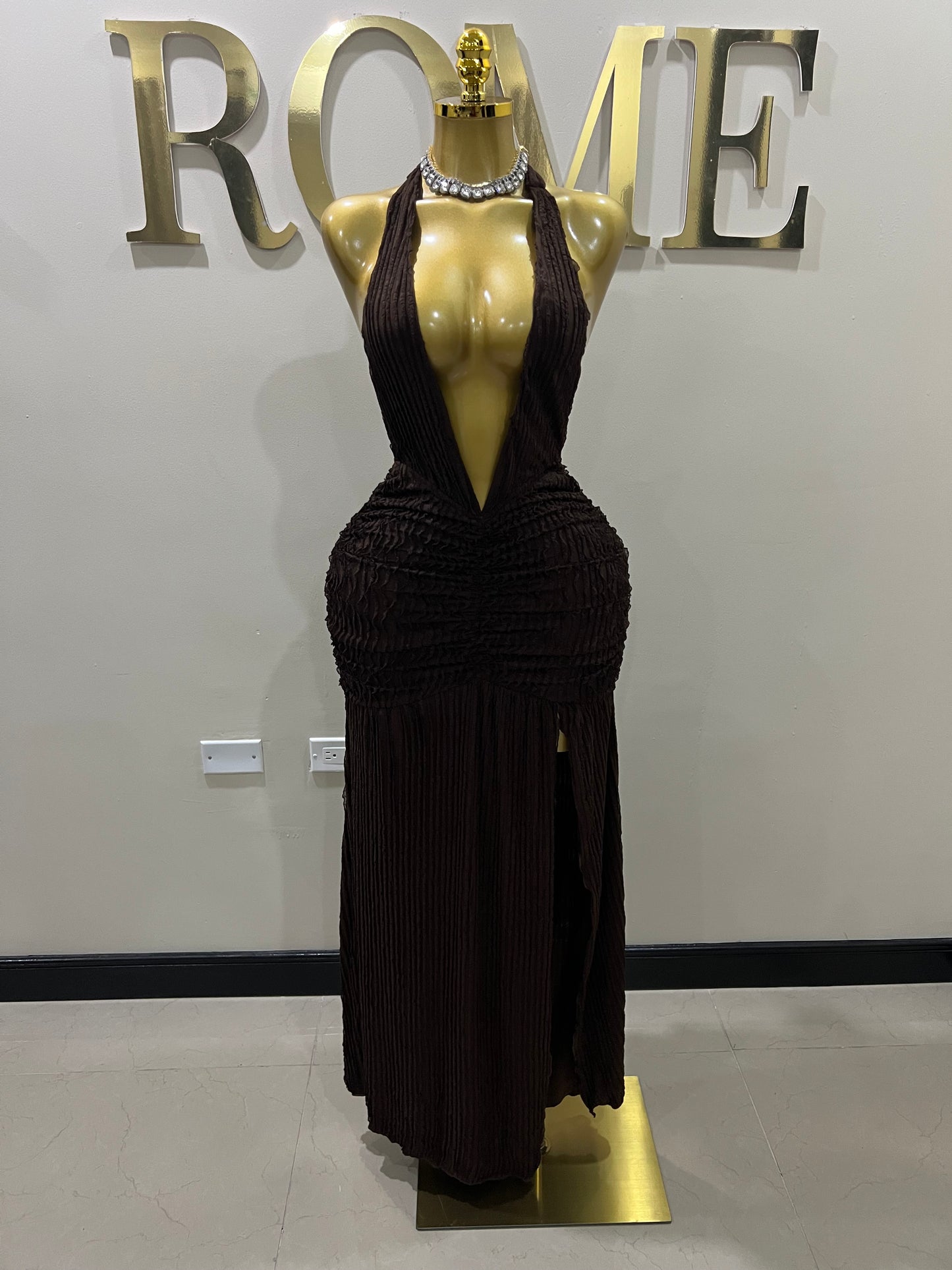 Lily Nara Halter Dress (Dark Brown)