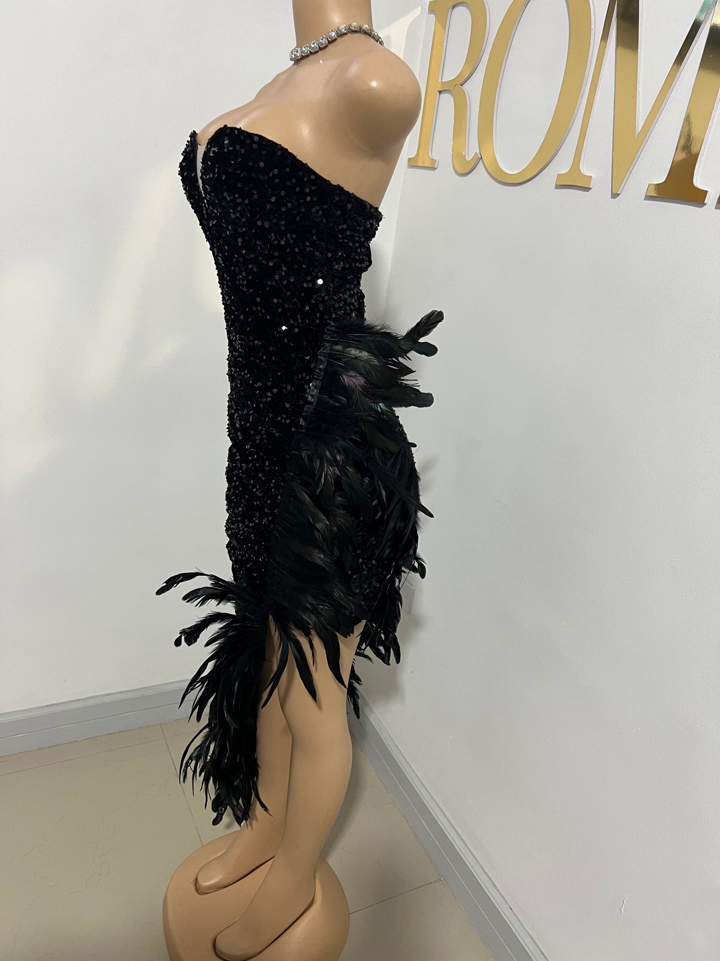 Octavia Iridescent Feather Dress (Black)