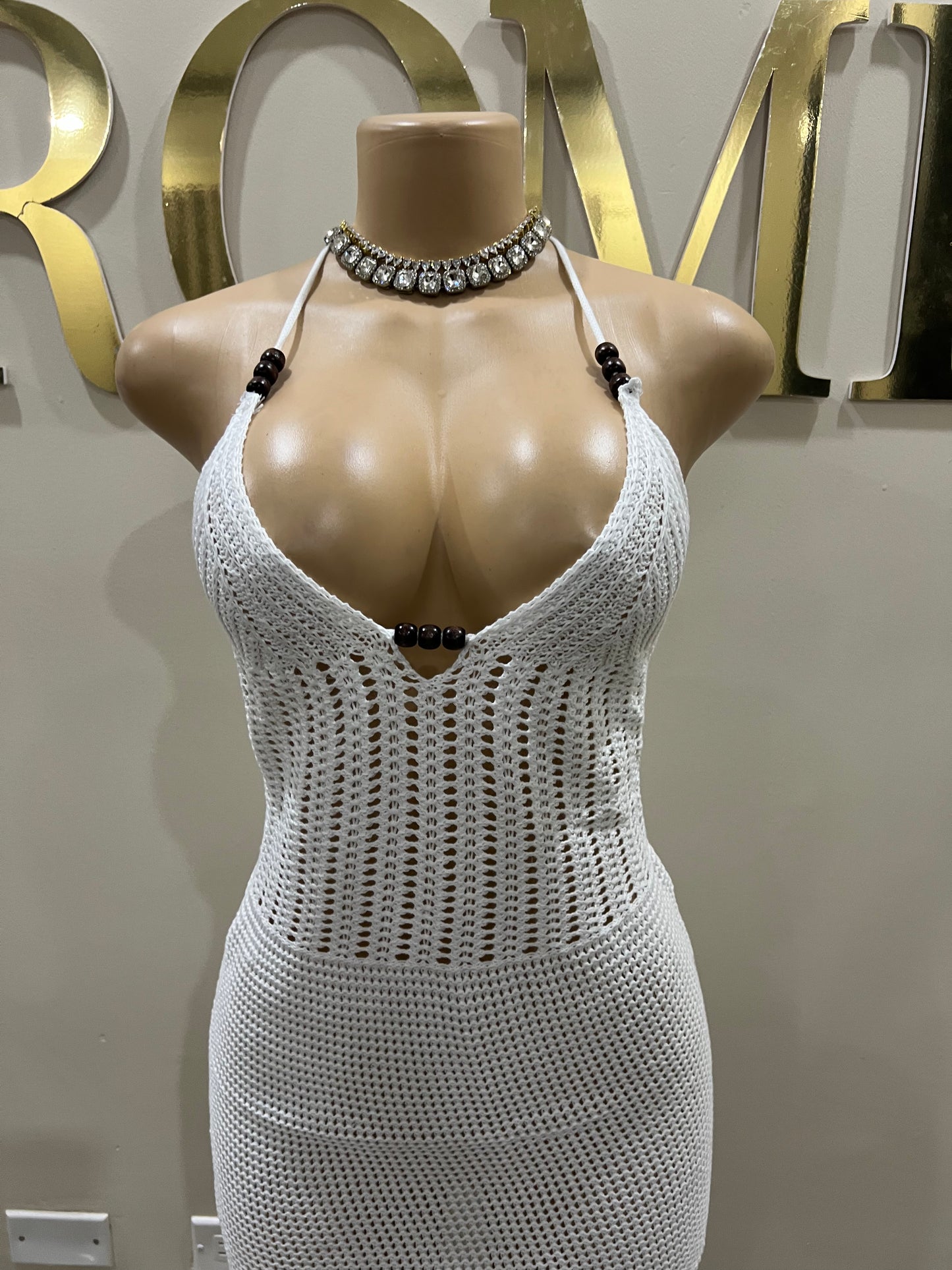 Nia Beaded Crochet Dress (White)